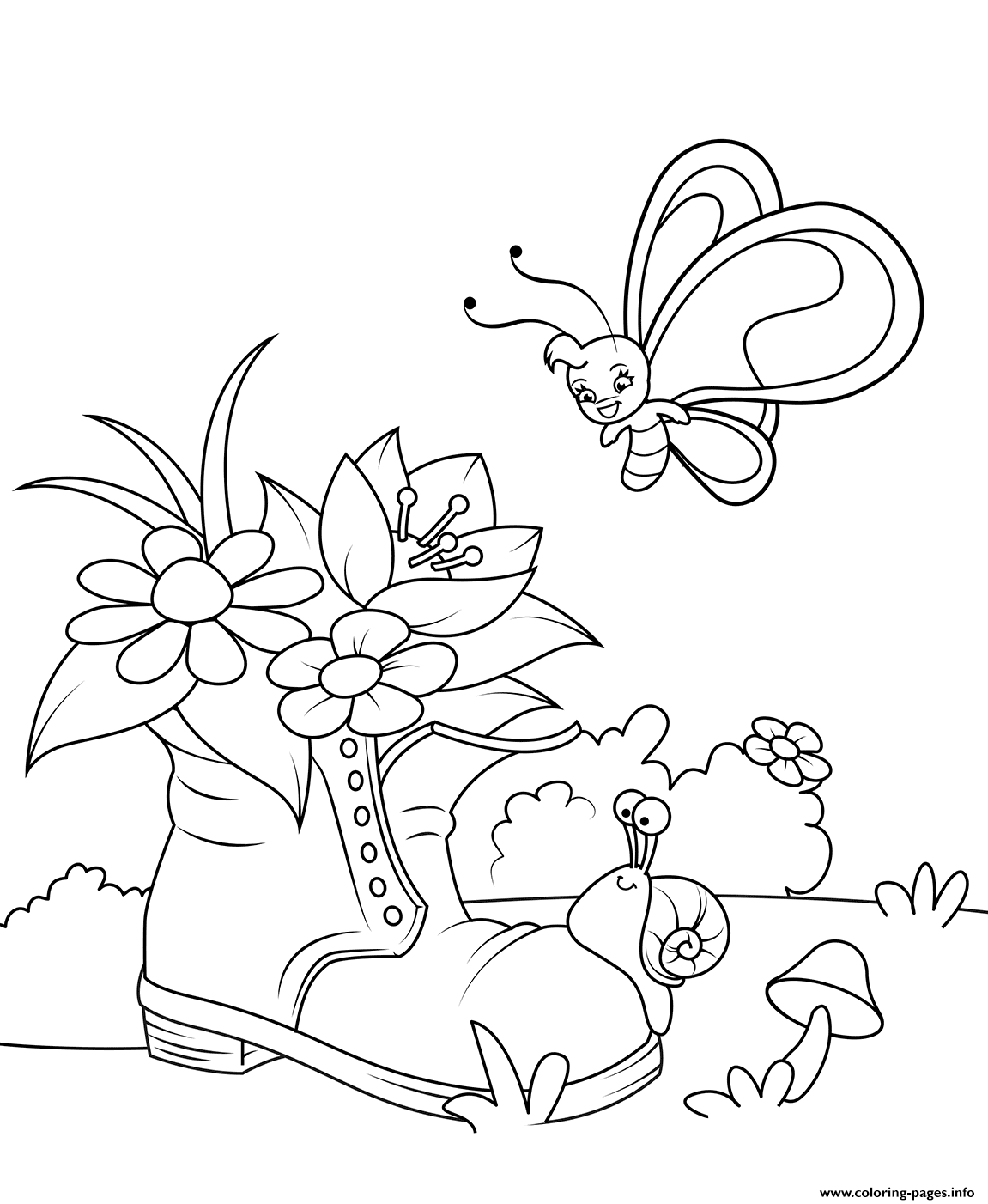 A Snail A Butterfly And A Blossoming Shoe Coloring Pages Printable