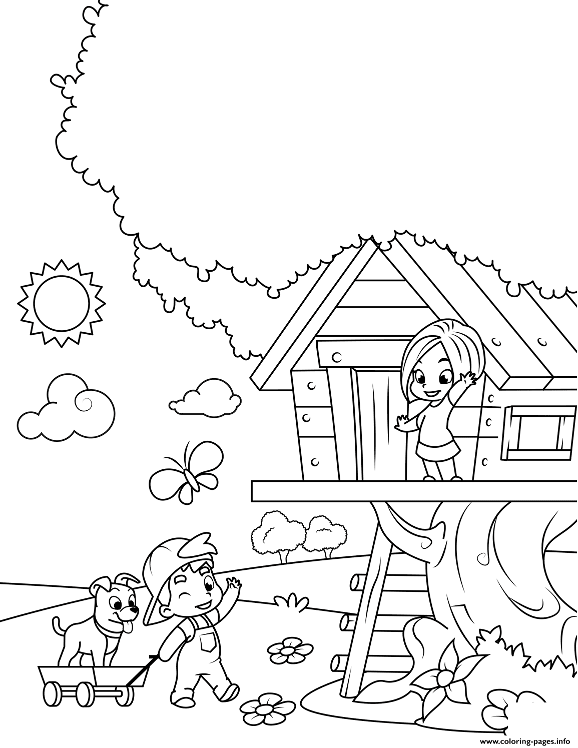 Boy And Girl Playing In A Tree House coloring