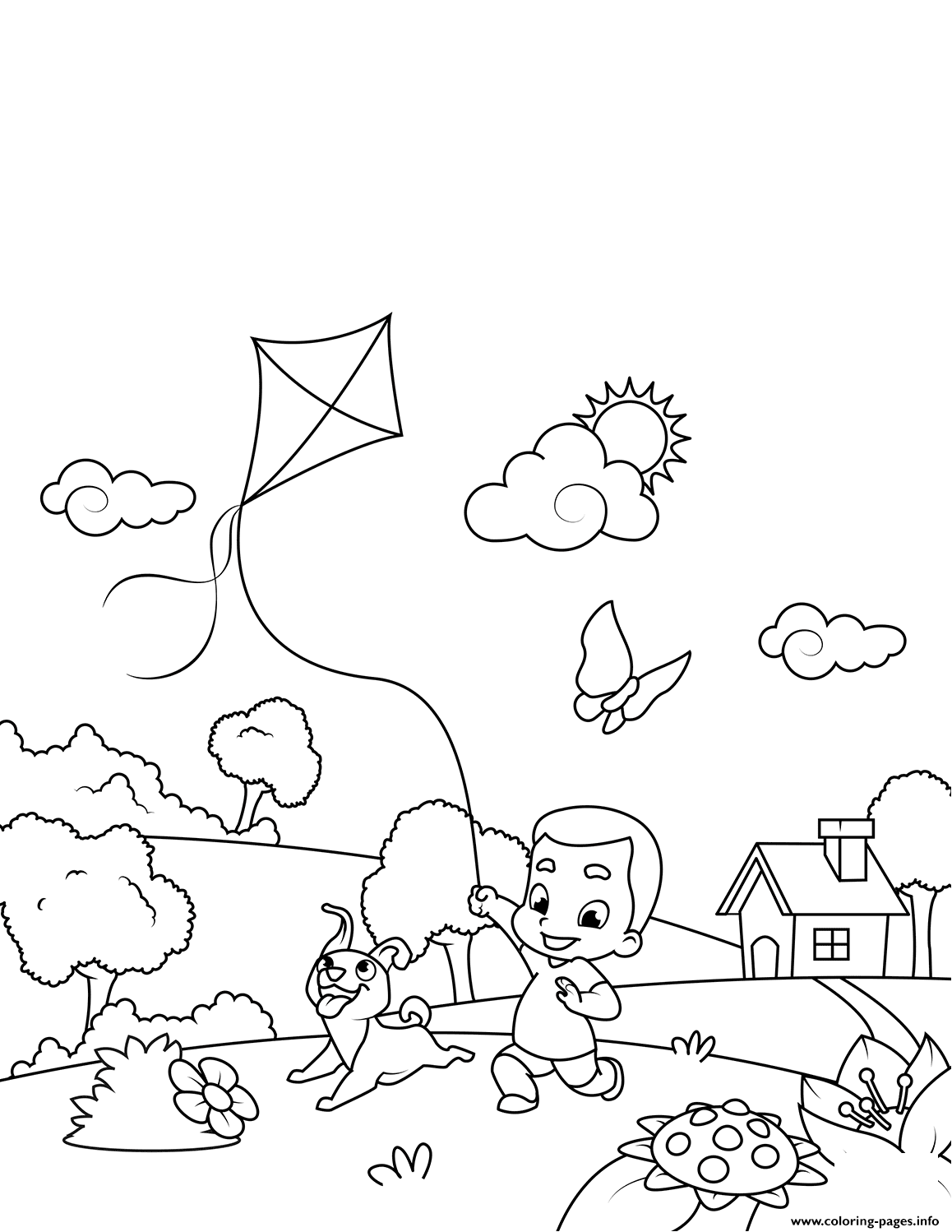 Boy With A Dog Flying A Kite coloring