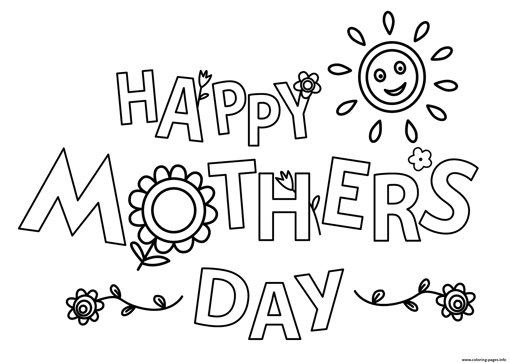 Happy Mothers Day Flowers Sun Coloring Page Printable