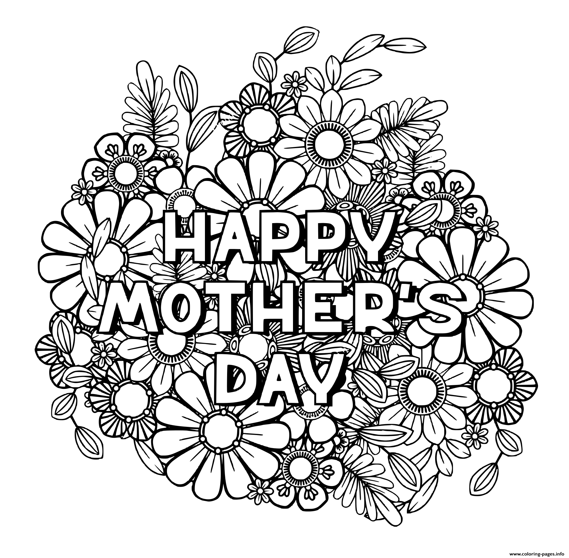 Happy Mothers Day For Adult Flowers Nature Coloring Page Printable