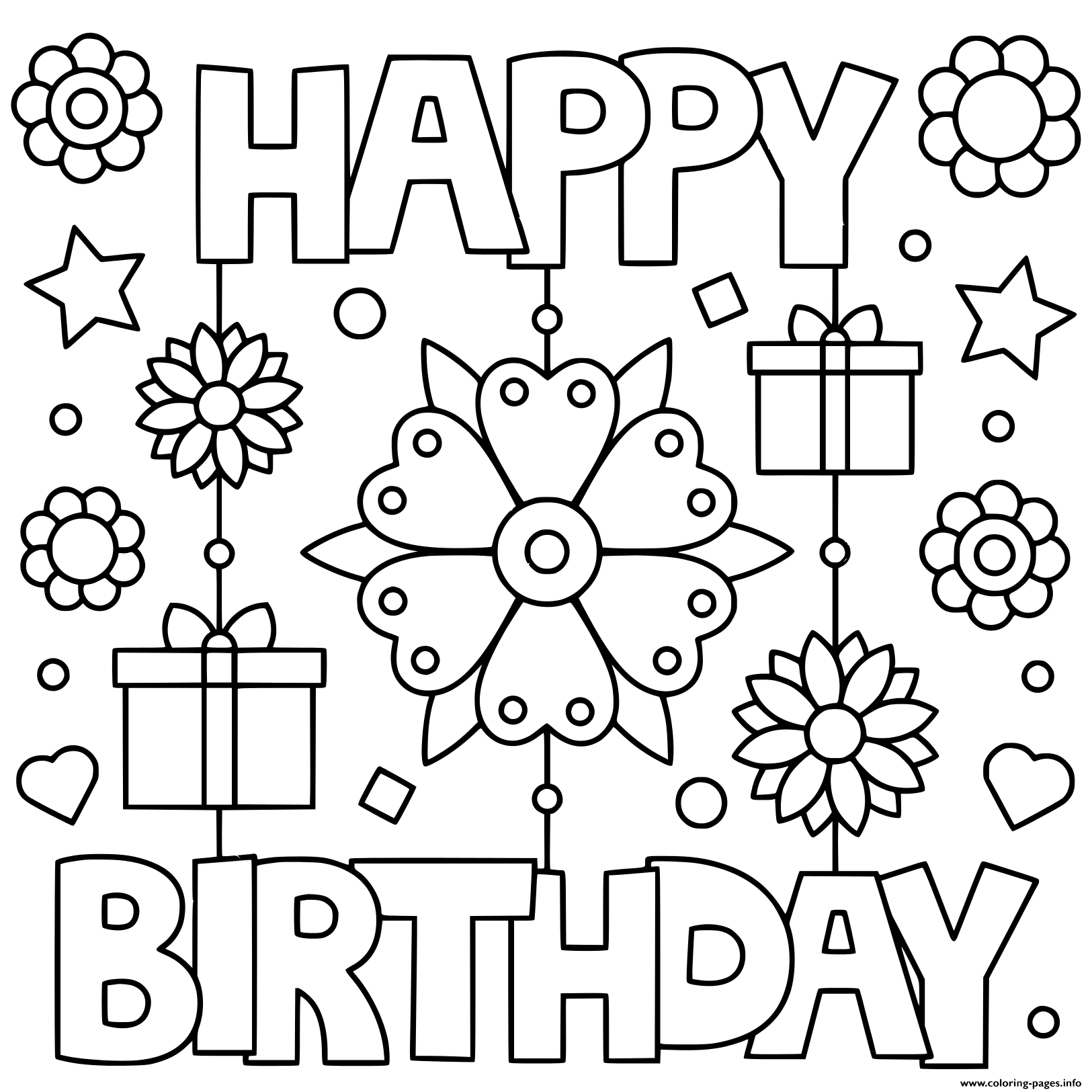 Happy Birthday Black And White Cute Coloring Page Printable