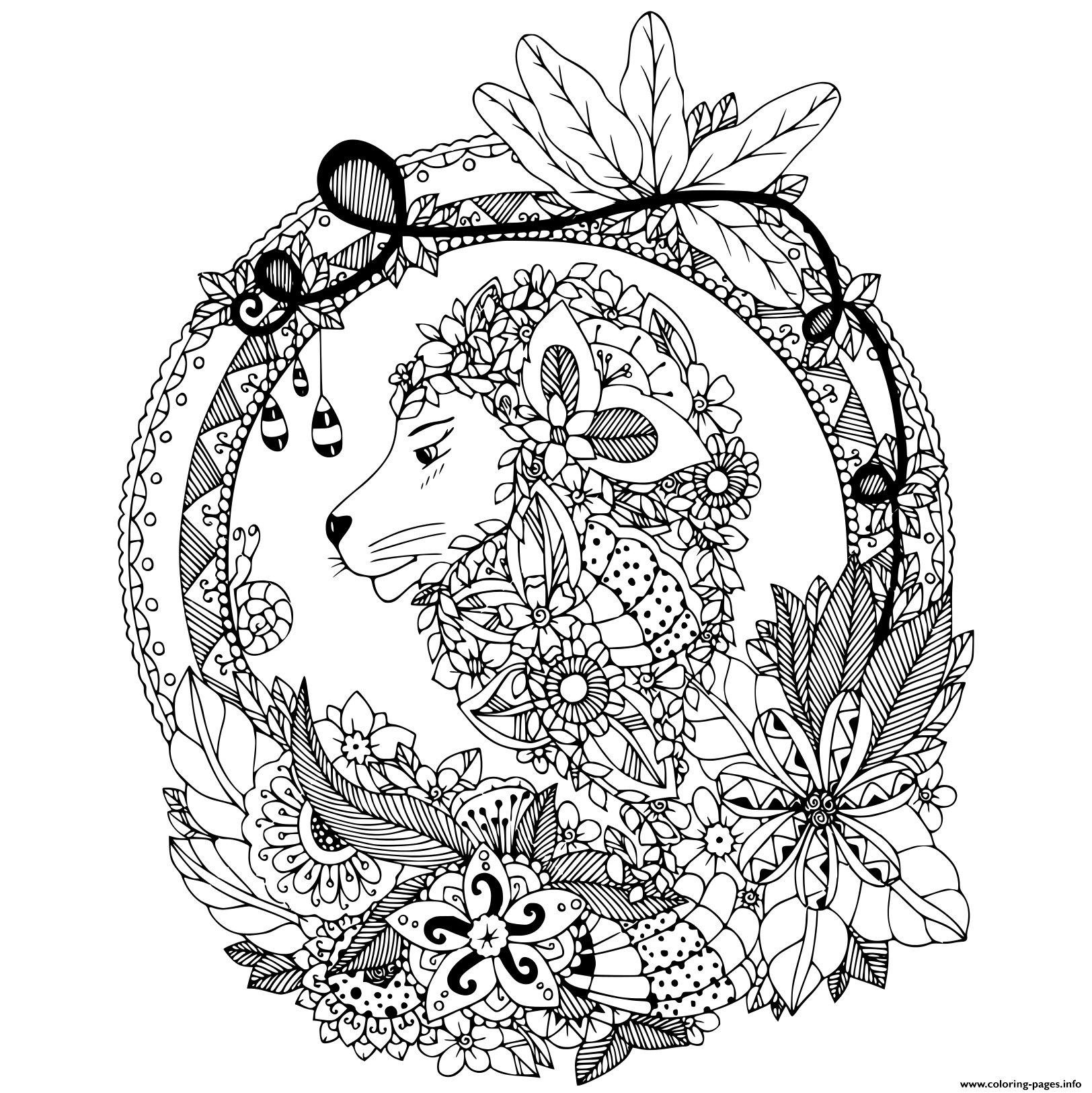 Zentangle Lion Flowers And Vegetation To Adult coloring