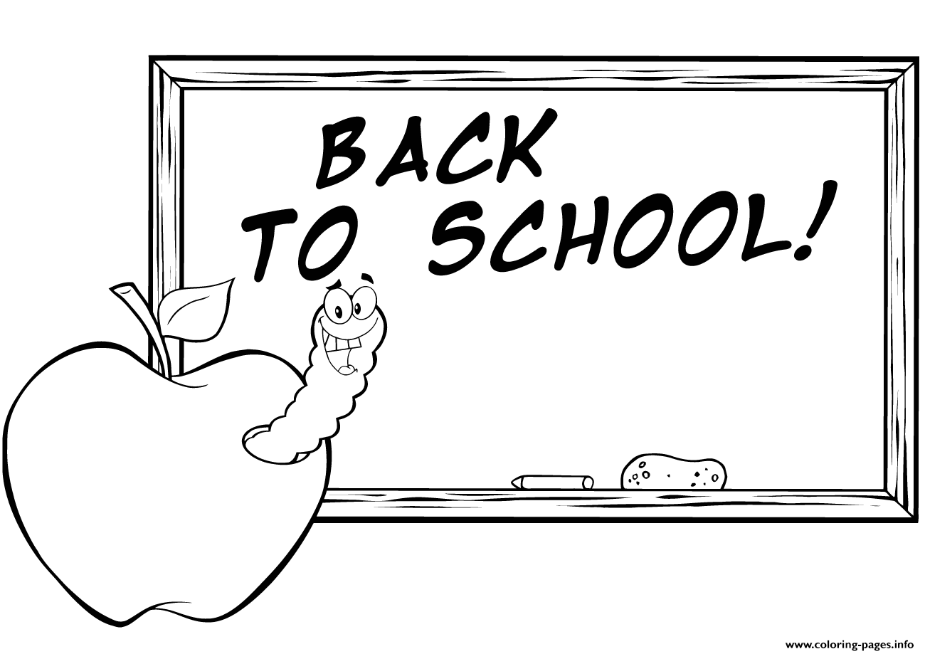 Happy Worm In Apple In Front Of School Chalk Board coloring