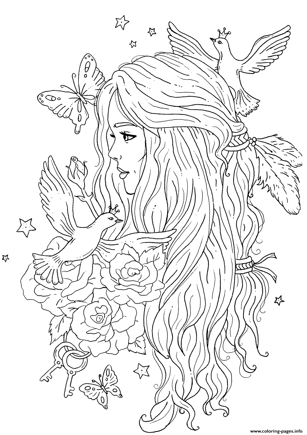 Princess Flowers Birds Coloring Pages Printable