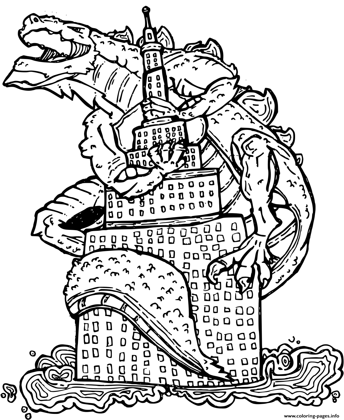 Godzilla Went Up On A Building Coloring Pages Printable