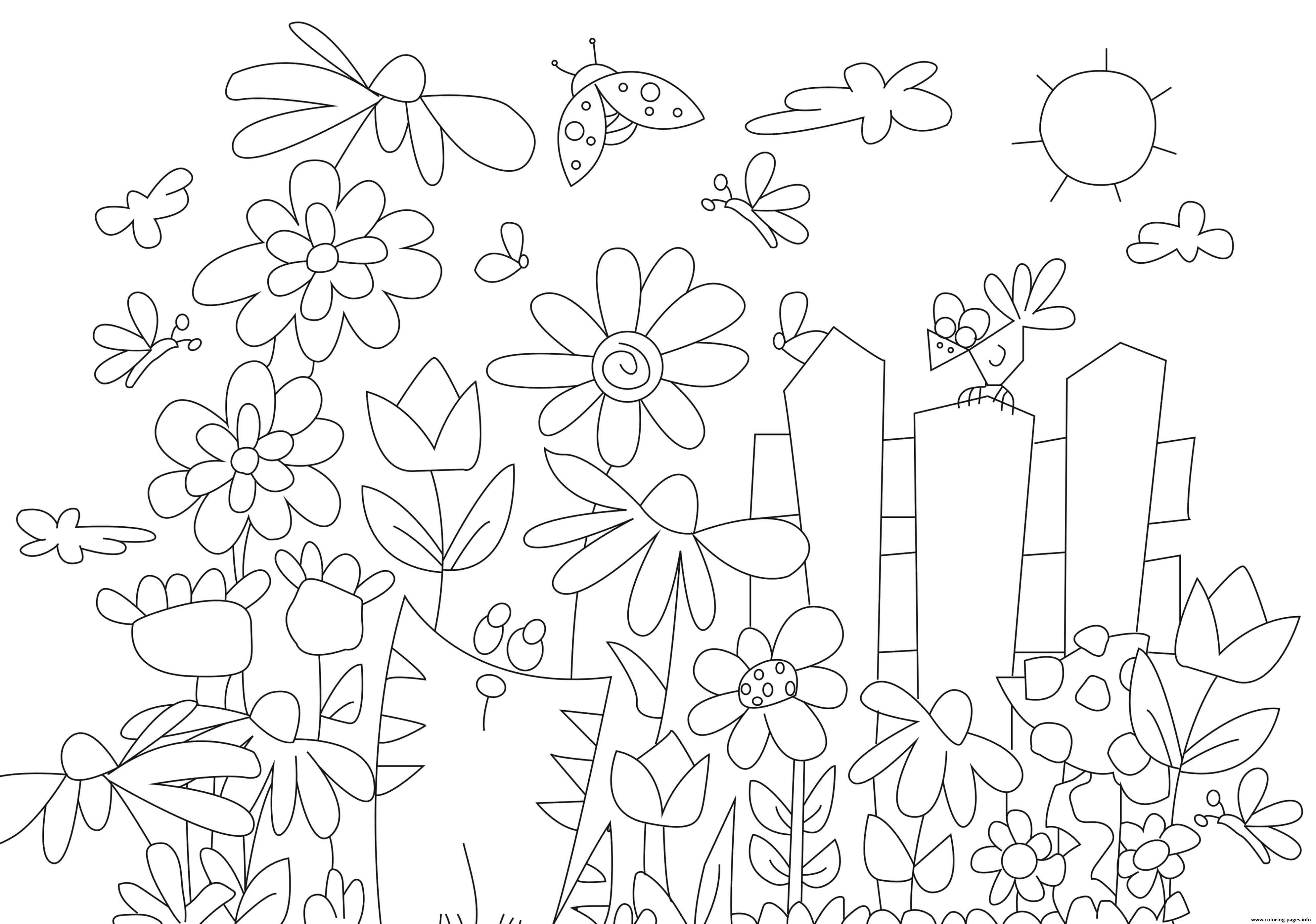 What is the title of this picture ? Flower Garden With Cat Coloring Pages Printable