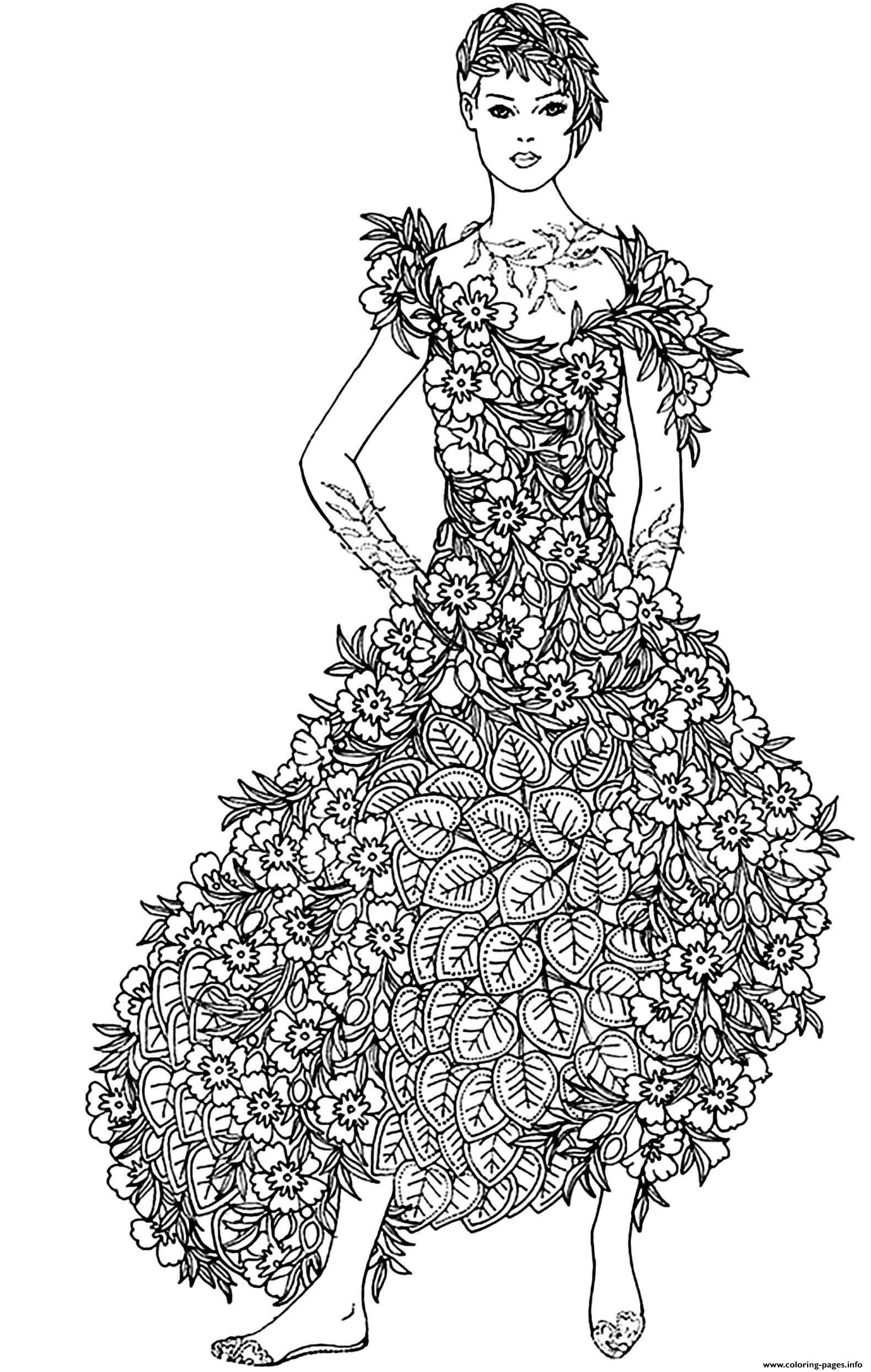 Woman Flowers Dress Coloring Pages Printable