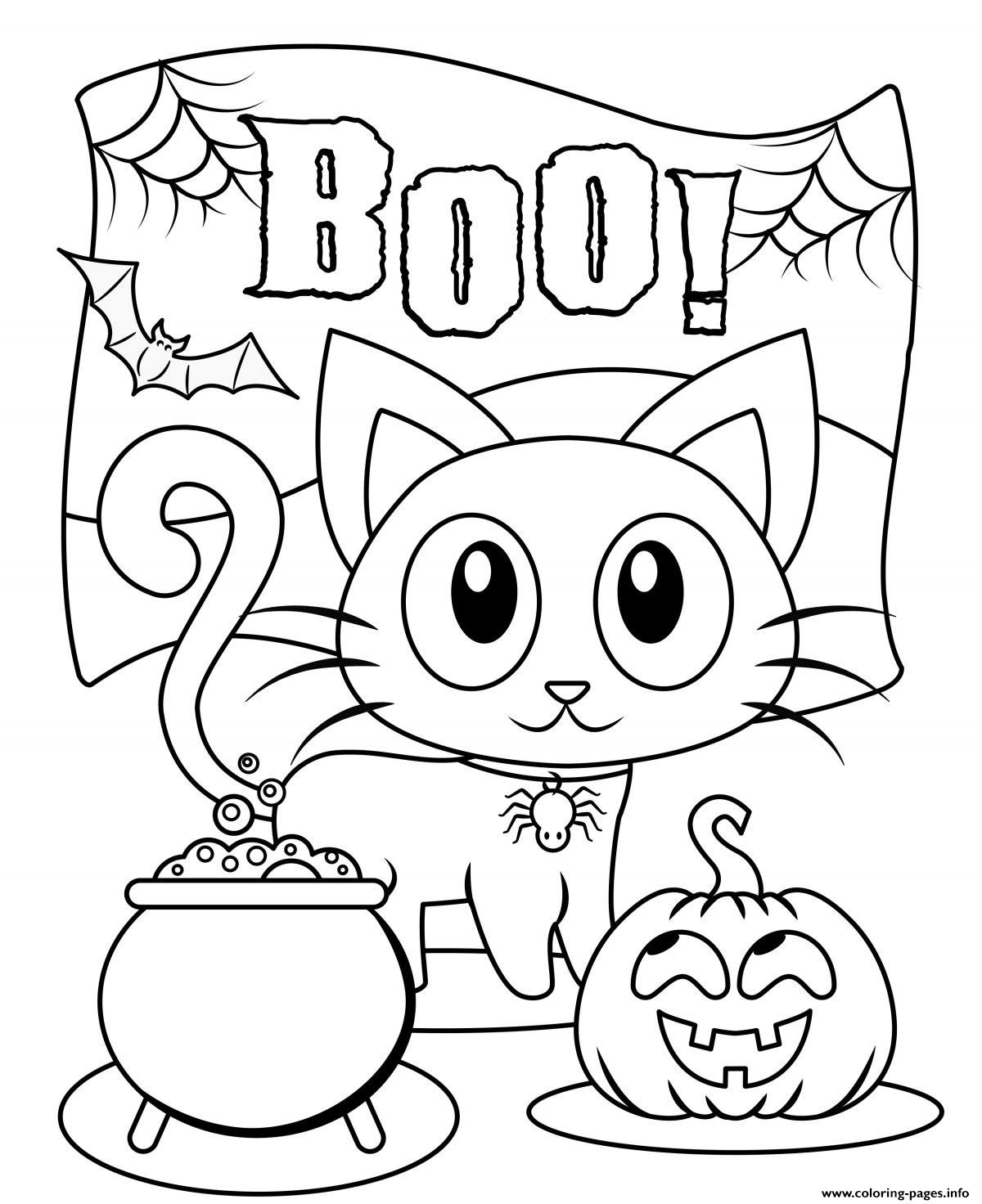 Halloween Boo Cat Cute Kids Coloring page Printable