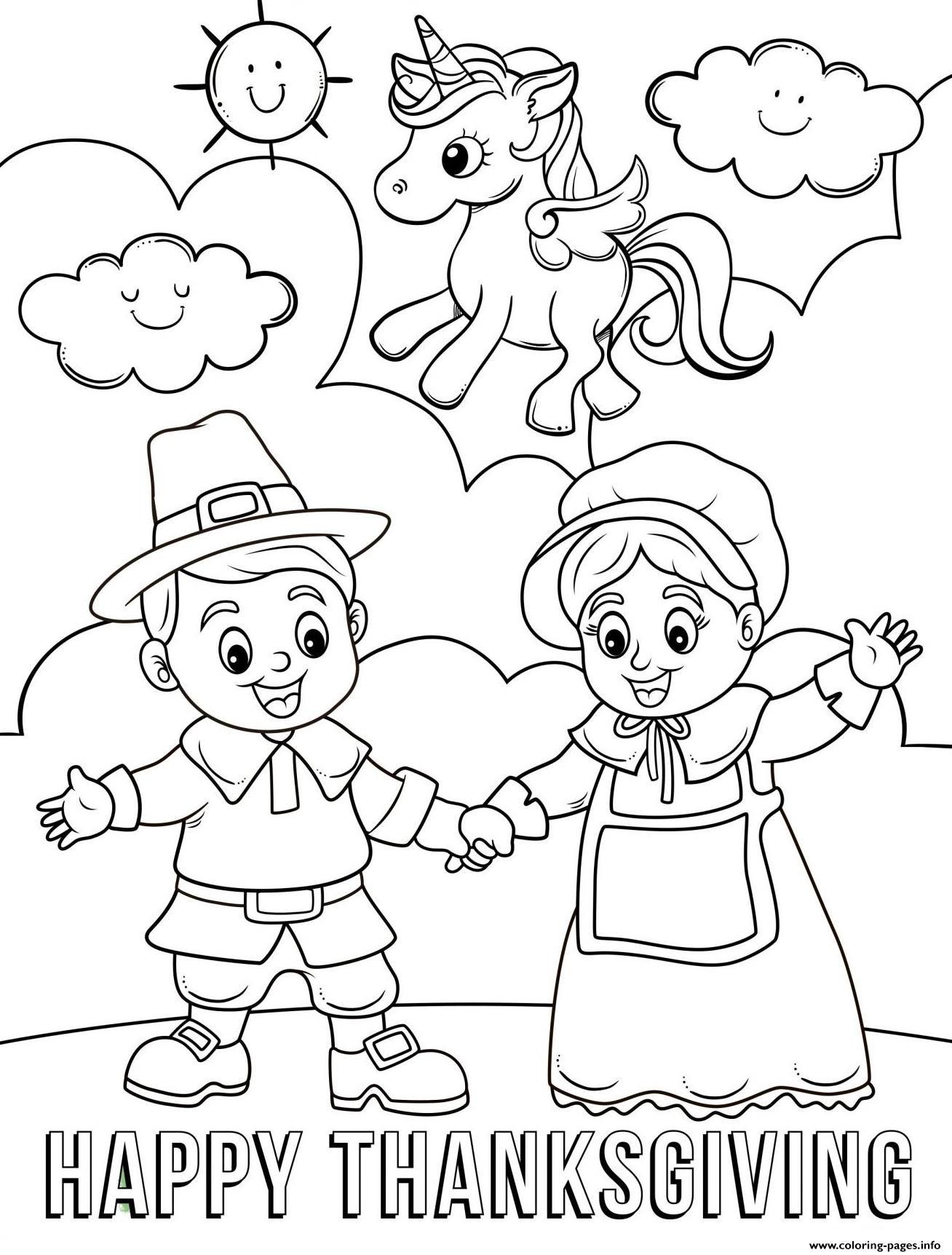 Happy Thanksgiving Unicorn And Pilgrims Coloring page Printable