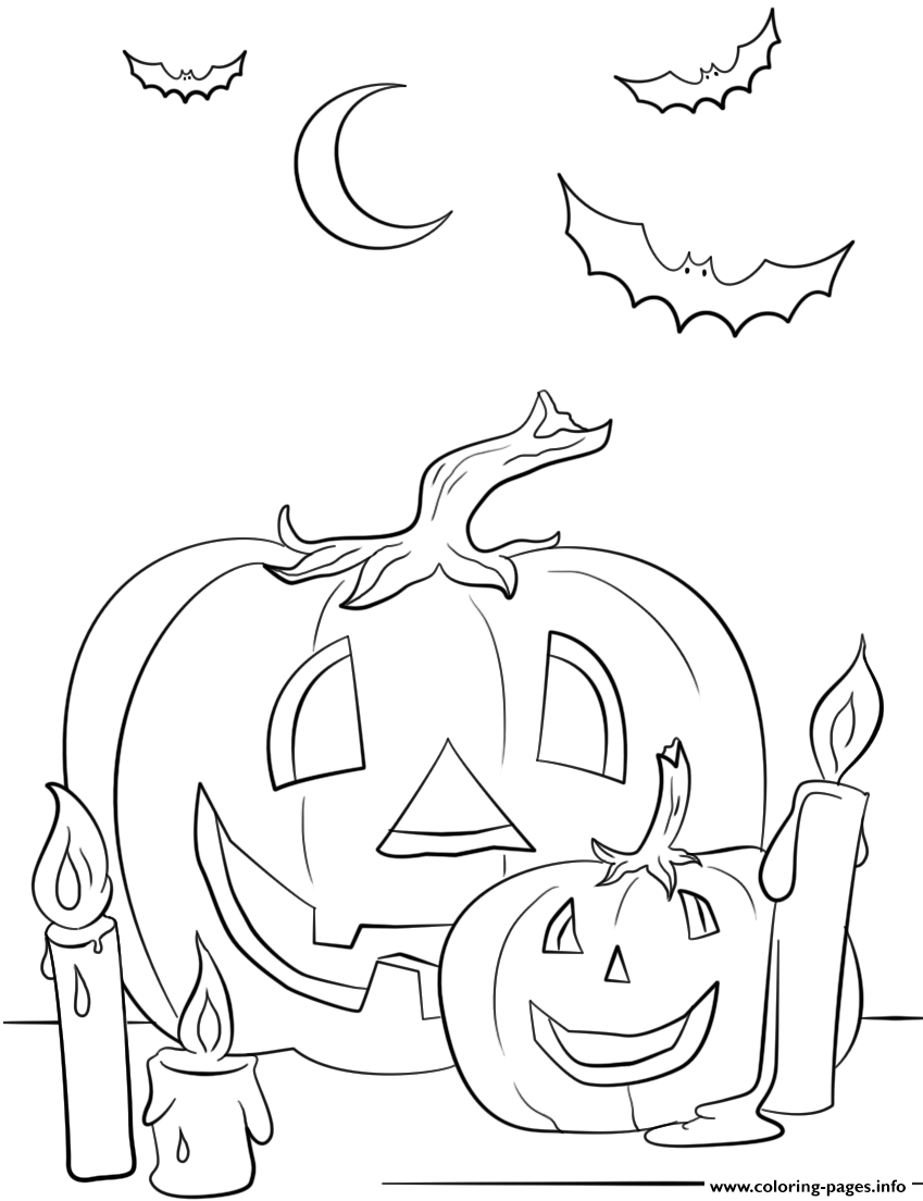 Halloween Scene With Pumpkins Candles And Bats coloring