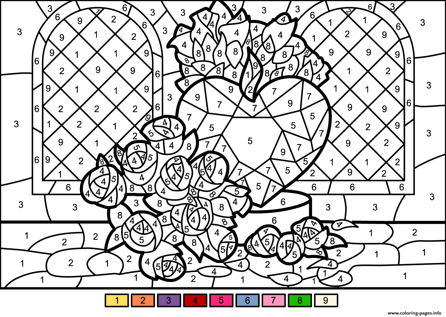 roses and heart color by number coloring pages printable