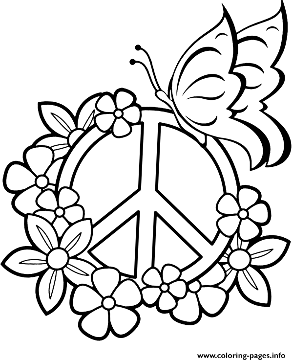Flowers Peace Sign And Butterfly coloring