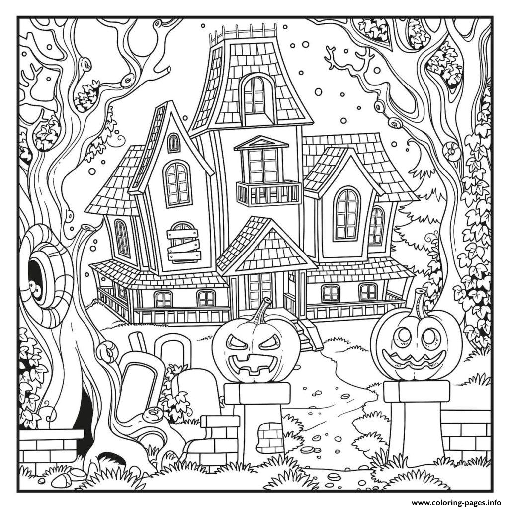 Halloween Haunted House With Pumpkins And Scary Stuffs coloring