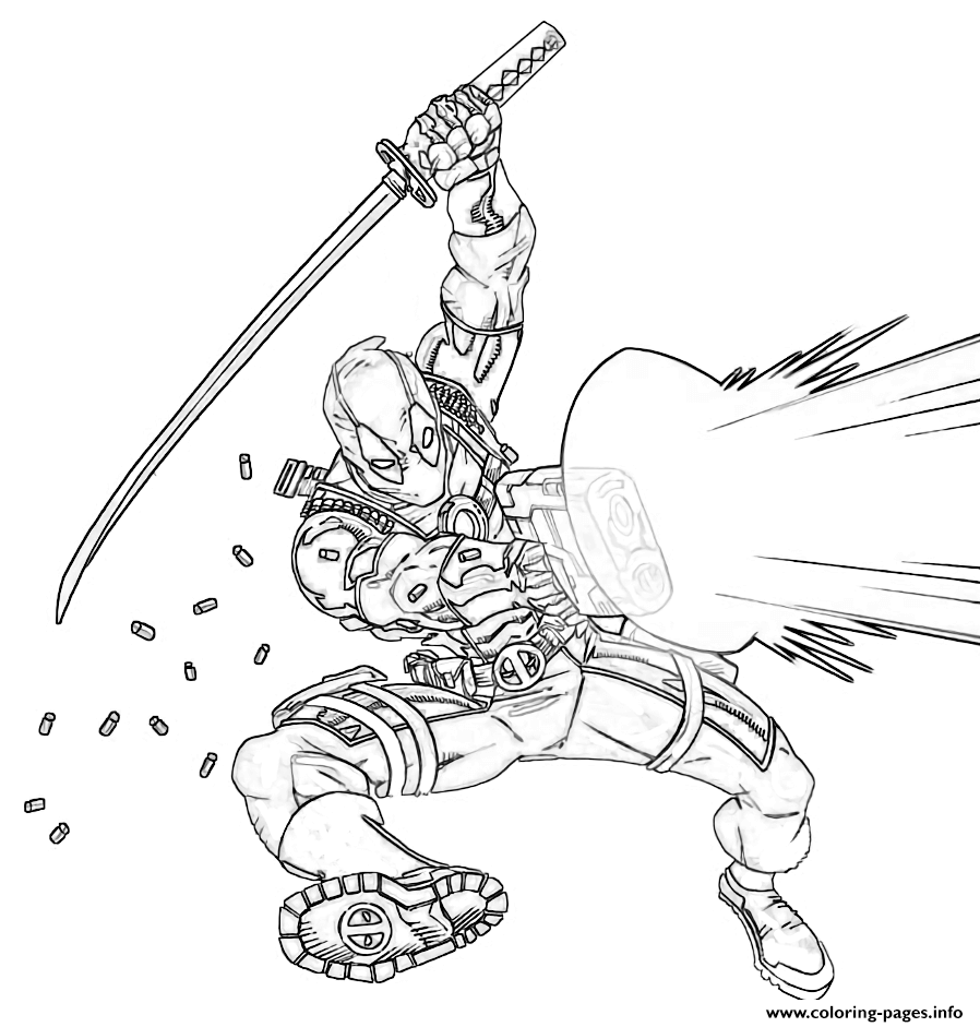 Deadpool Shooting Enemies Coloring page Printable