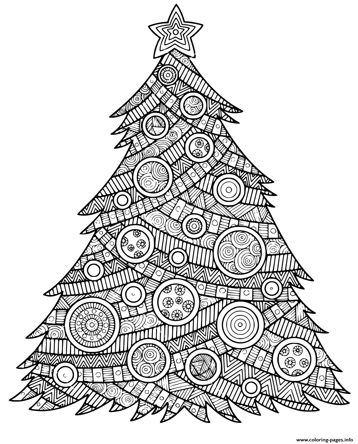 Illustration For Adults Christmas Tree With Christmas Balls And A Star Pattern Coloring Pages Printable