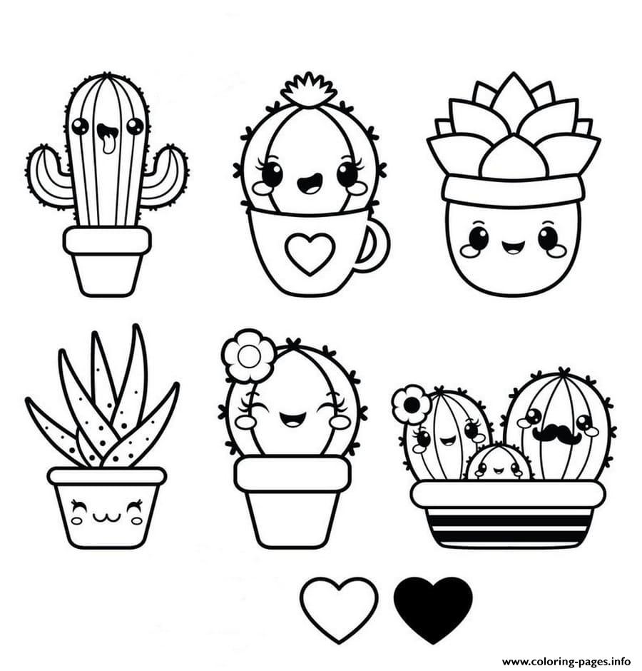 Kawaii Funny Characters Cactus Cactaceae Coloring page Printable