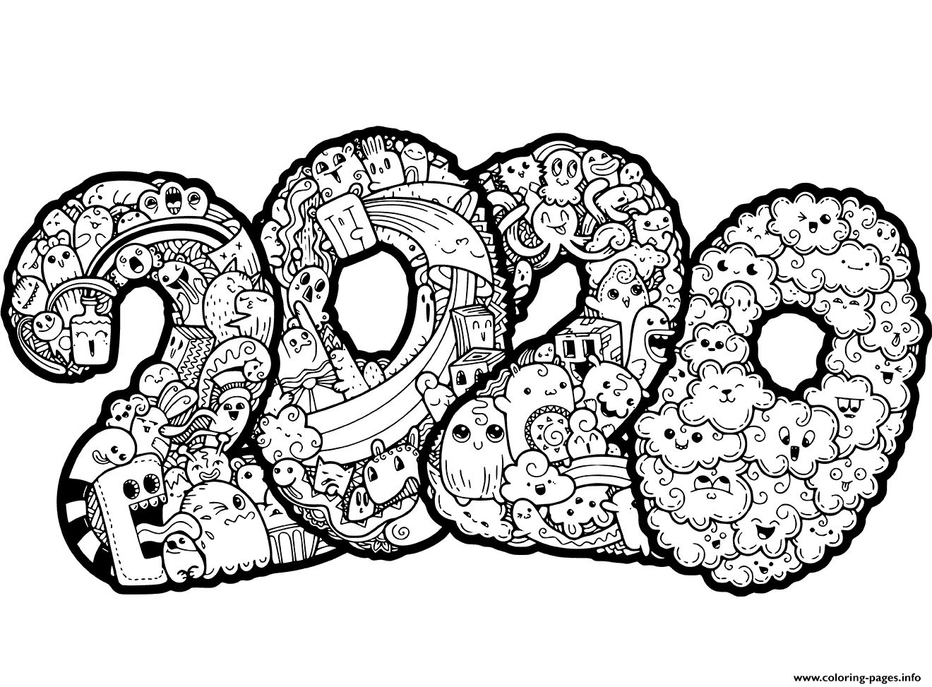 Download New Year 2020 Doodle Coloring Pages Printable