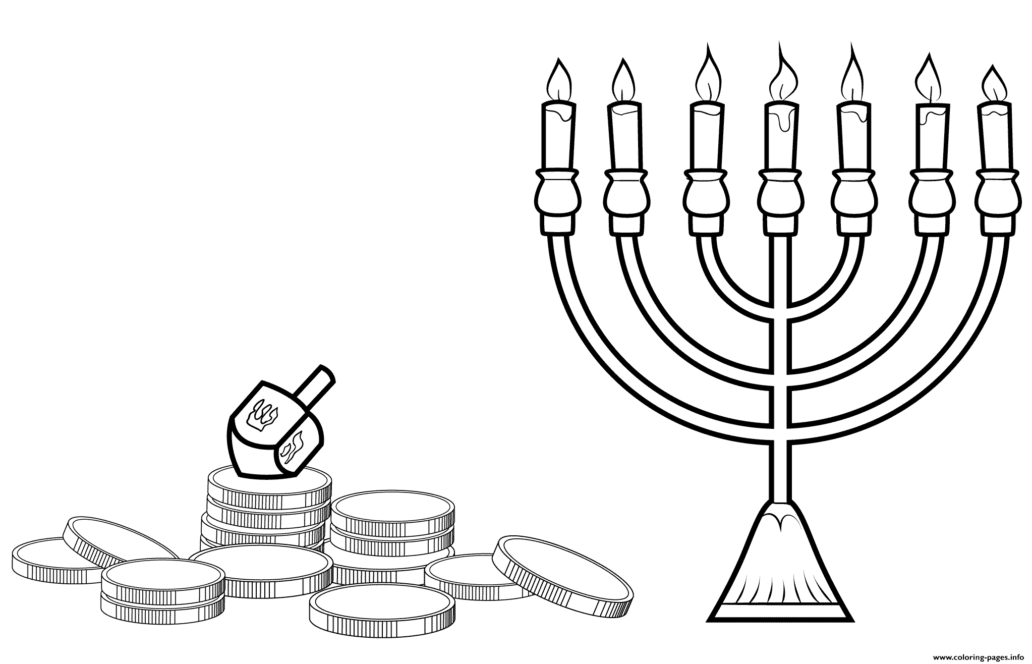 Hanukkah Menorah Dreidel And Gelt coloring