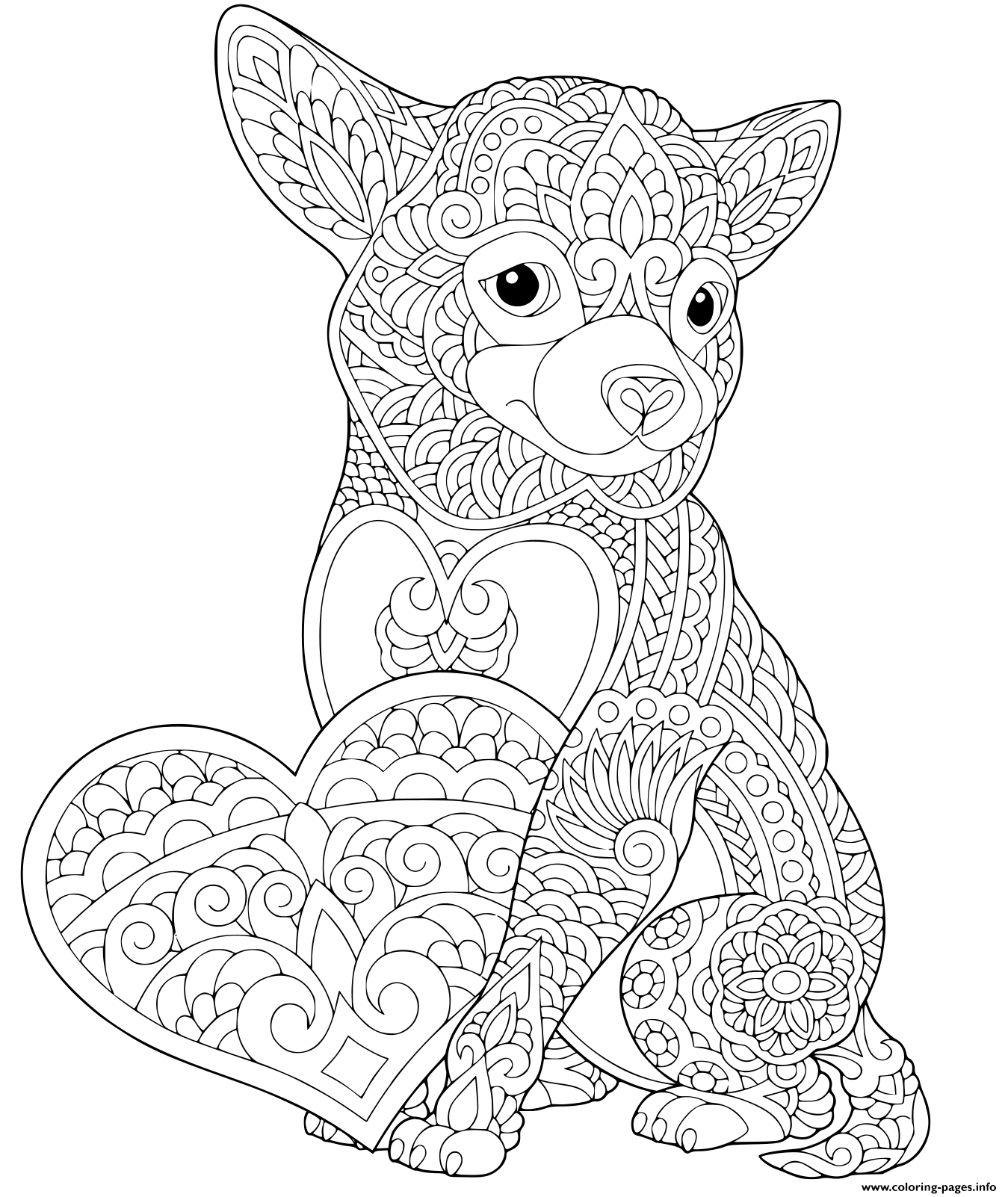 Lovely Dog With Heart For Valentines Day Card Anti Stress coloring