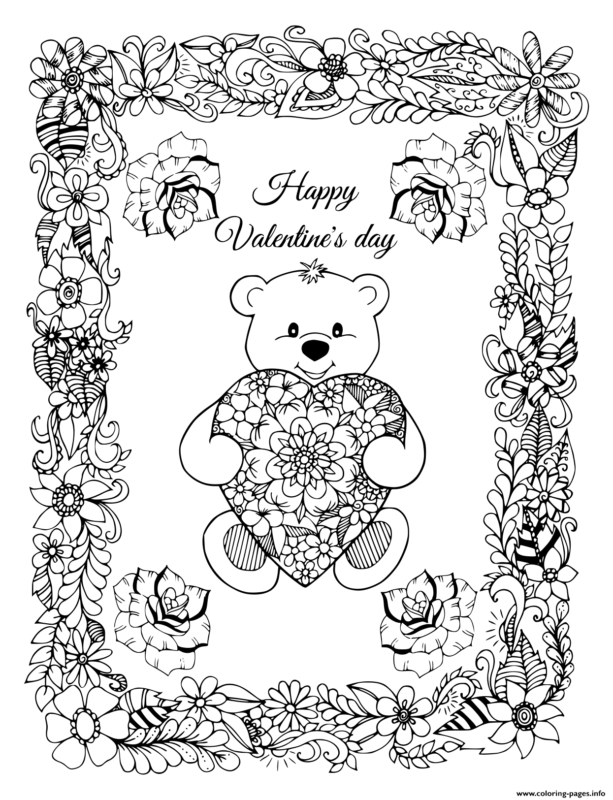 Illustration Valentines A Teddy Bear With A Heart In A Frame From Flowers coloring
