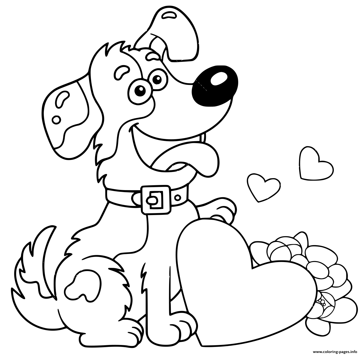 Cartoon Dog With Flowers And Heart Greeting Card Birthday Valenti coloring