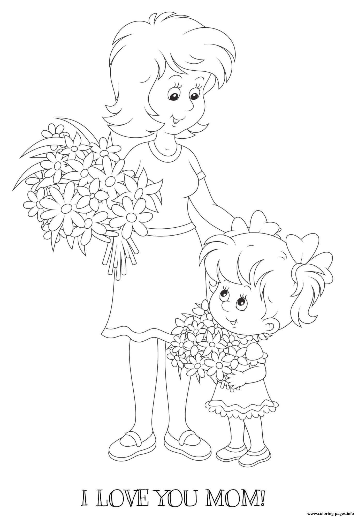 Mothers Day Mom Daughter Bouquet Flowers Love You coloring
