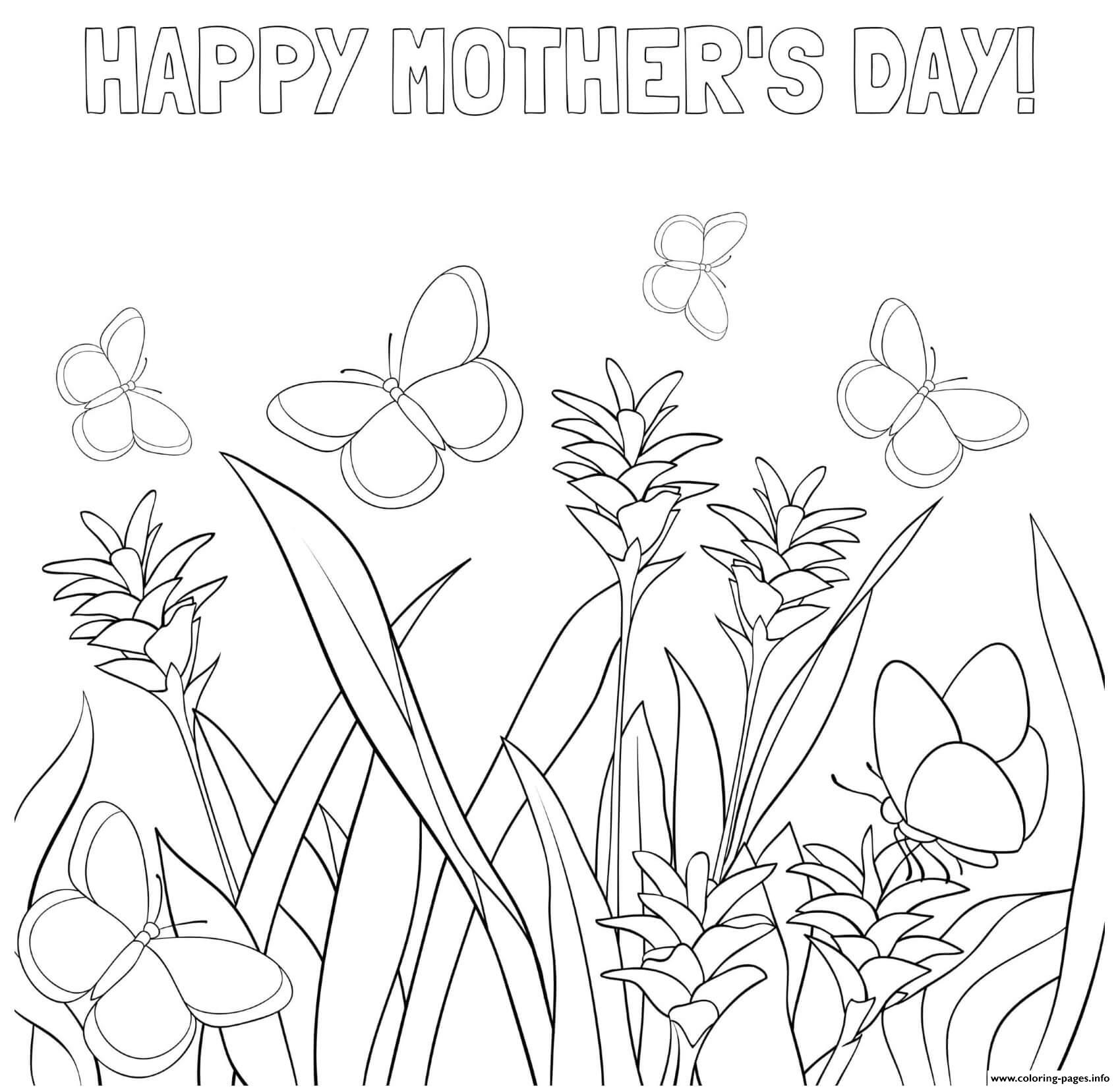 Mothers Day Flowers Butterflies Meadow Coloring Page Printable