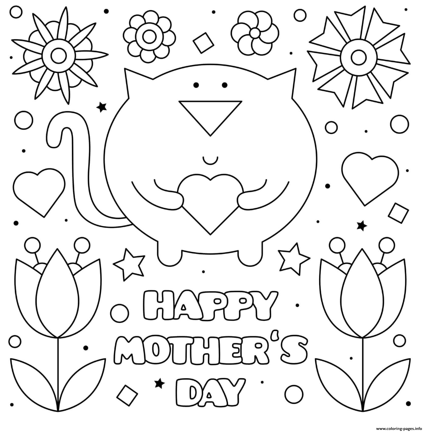 Mothers Day Cat Flowers Hearts coloring