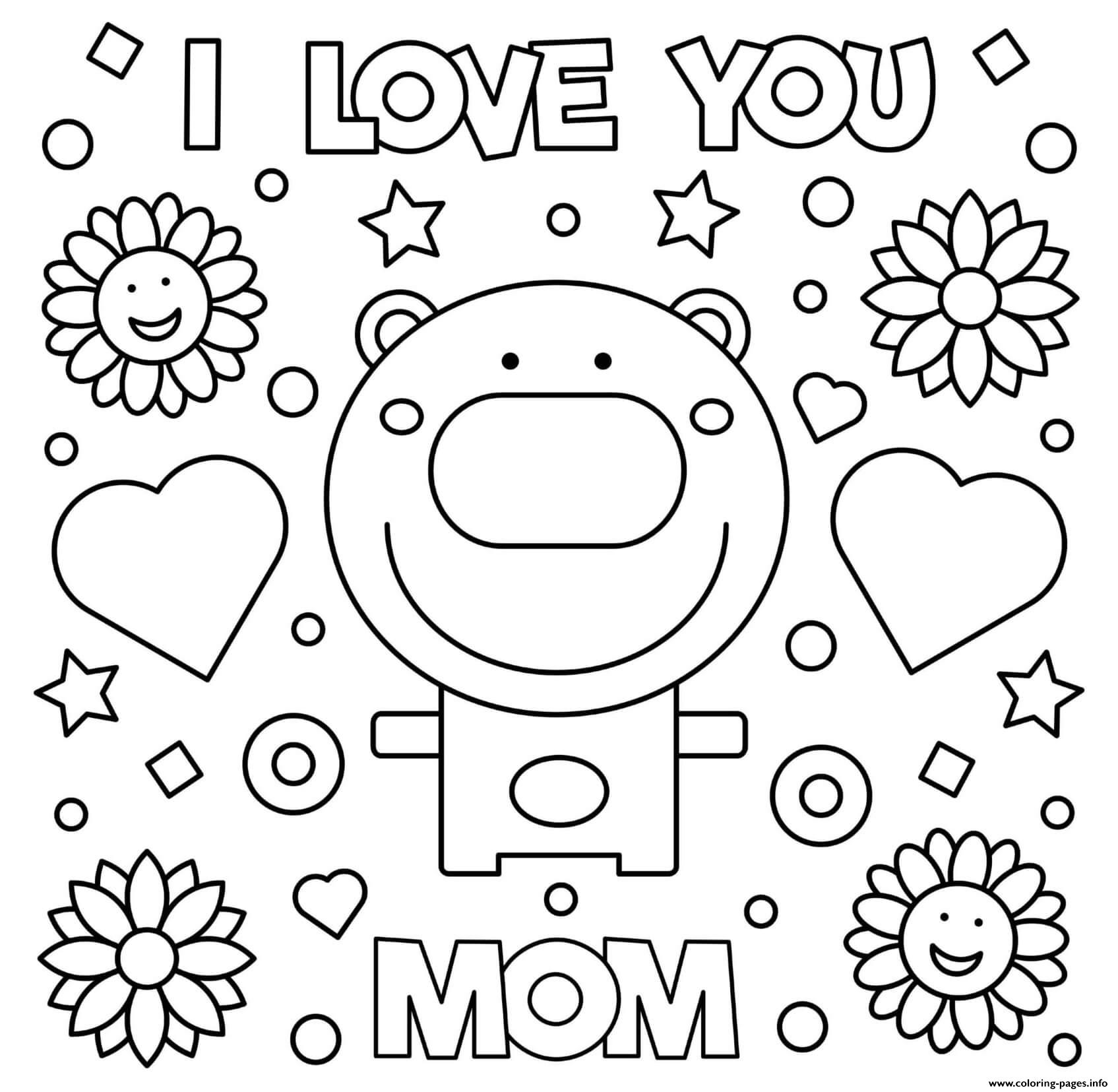 Mothers Day I Love You Mom Bear Hearts Flowers coloring