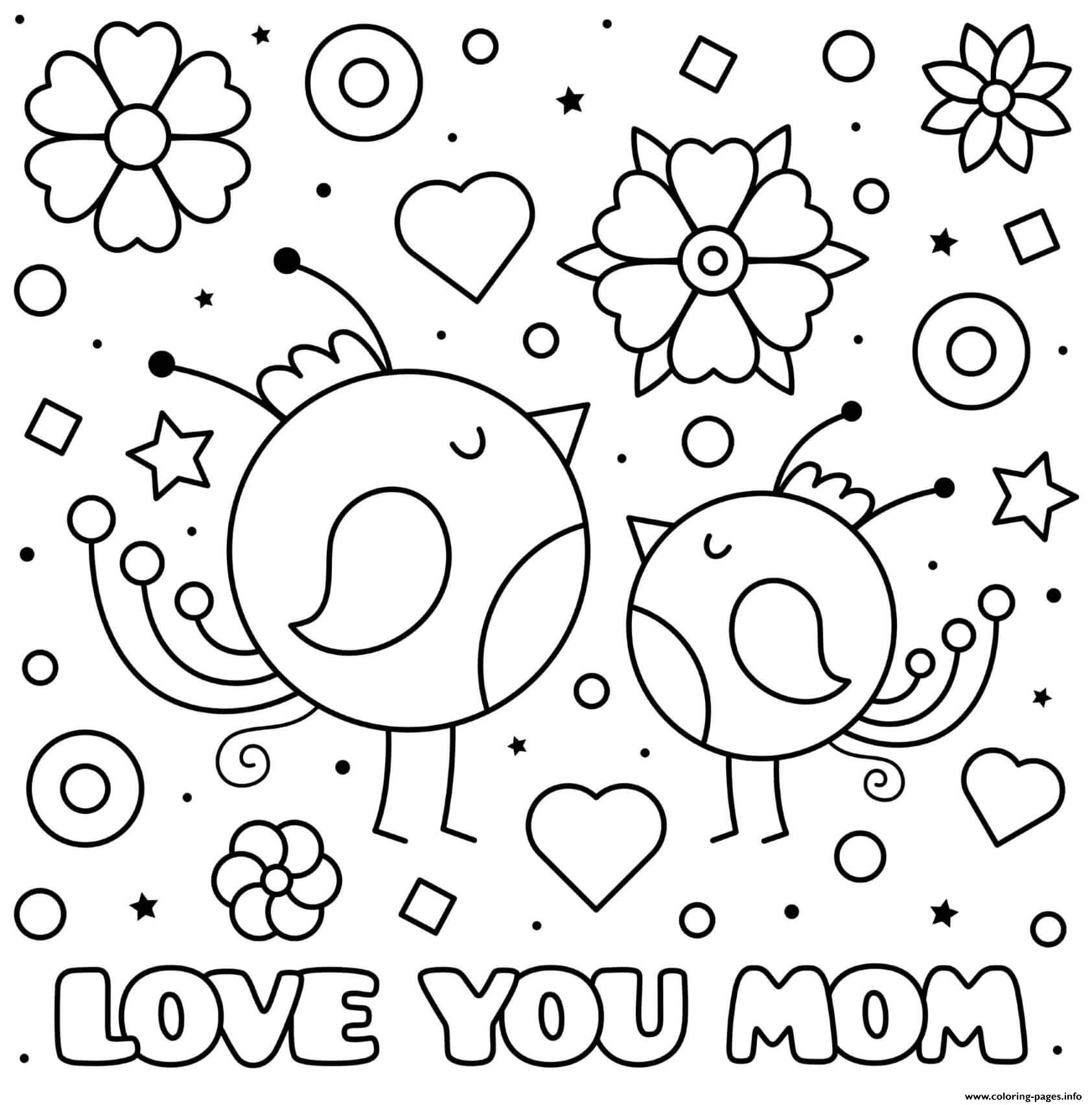 Mothers Day Love You Mom Baby Birds Hearts Flowers coloring