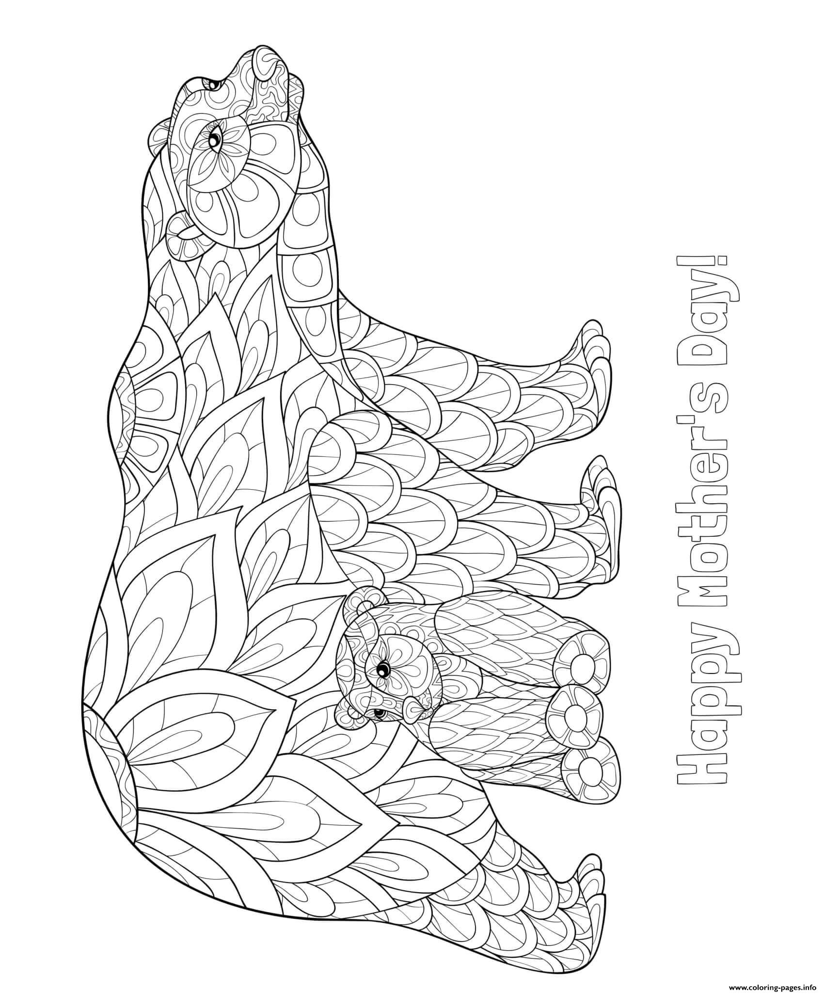 Mothers Day Mother Baby Bear Intricate Doodle Coloring page Printable