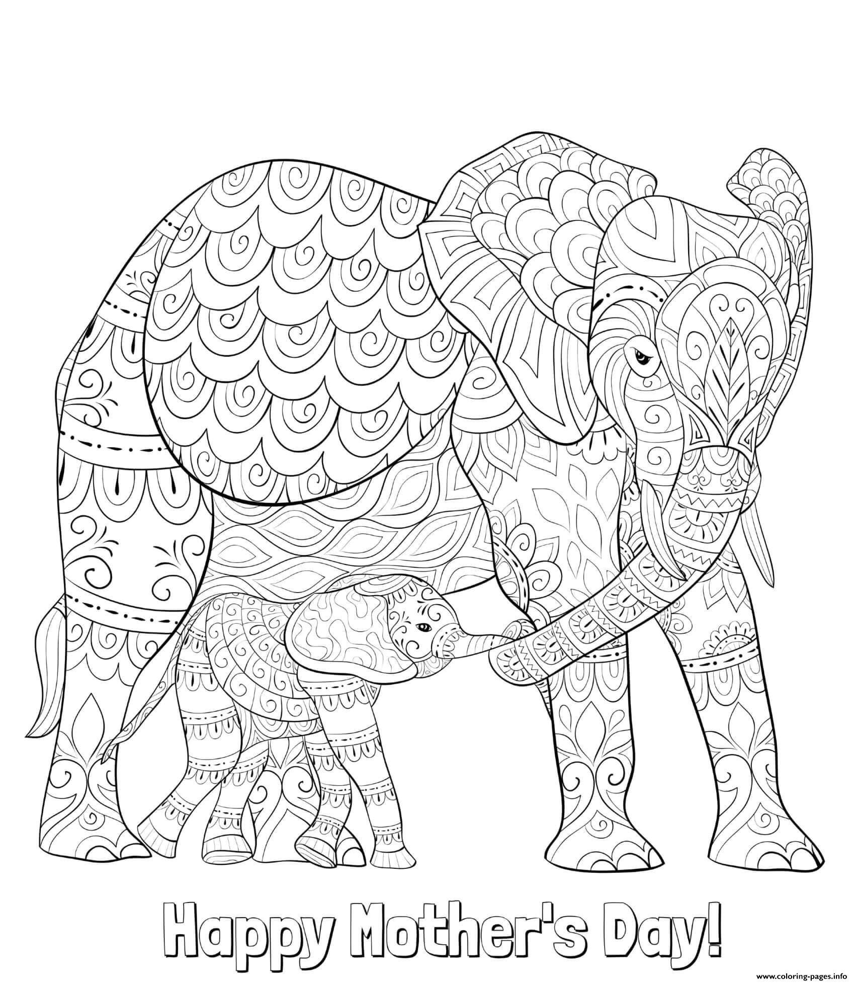 Mothers Day Mother Baby Elephant Intricate Doodle coloring