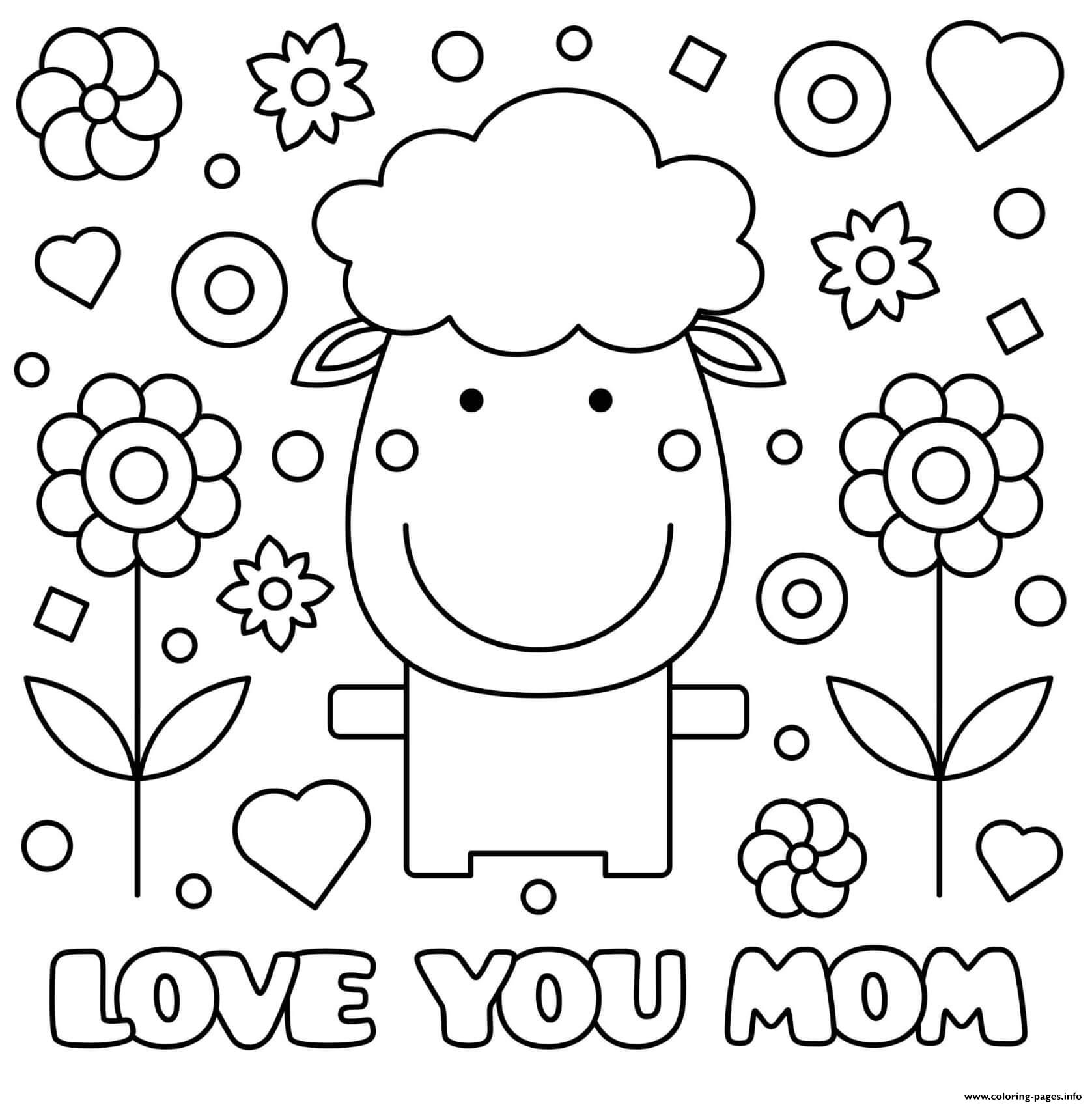 Mothers Day Sheep Flowers Hearts Love You Mom coloring
