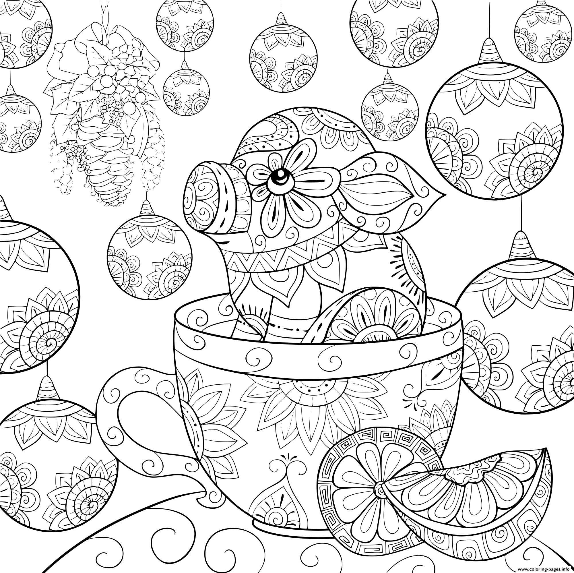 A Cute Little Pig In A Mug On A Christmas Background Coloring Pages