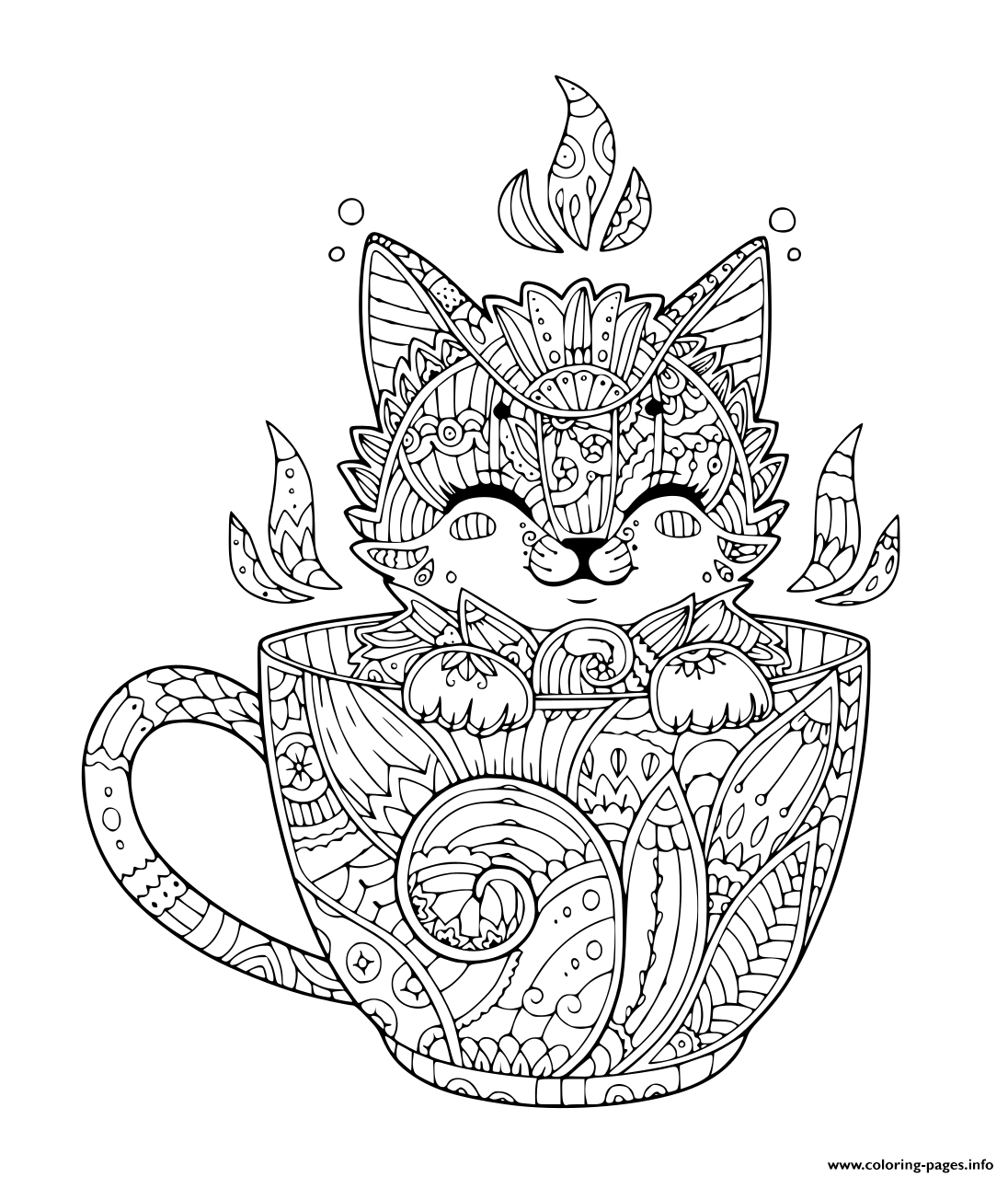 Download Little Kitten In Coffee Cup For Relaxation Coloring Pages Printable