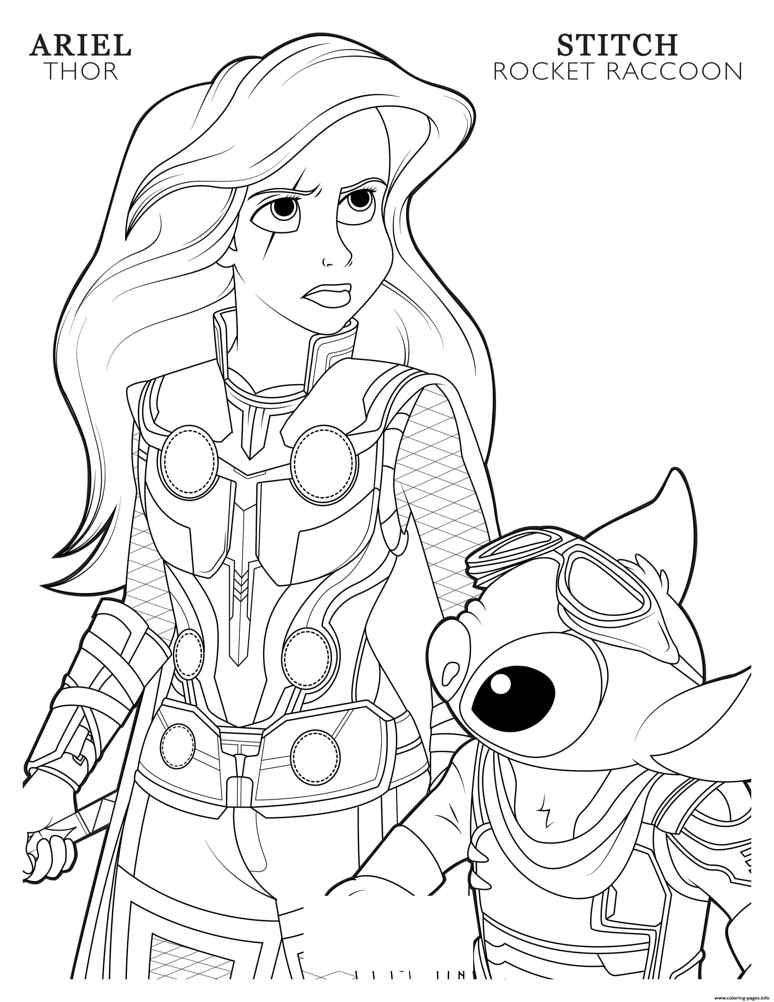 Thor Ariel And Rocket Raccoon Stitch Disney Avengers Coloring page ...