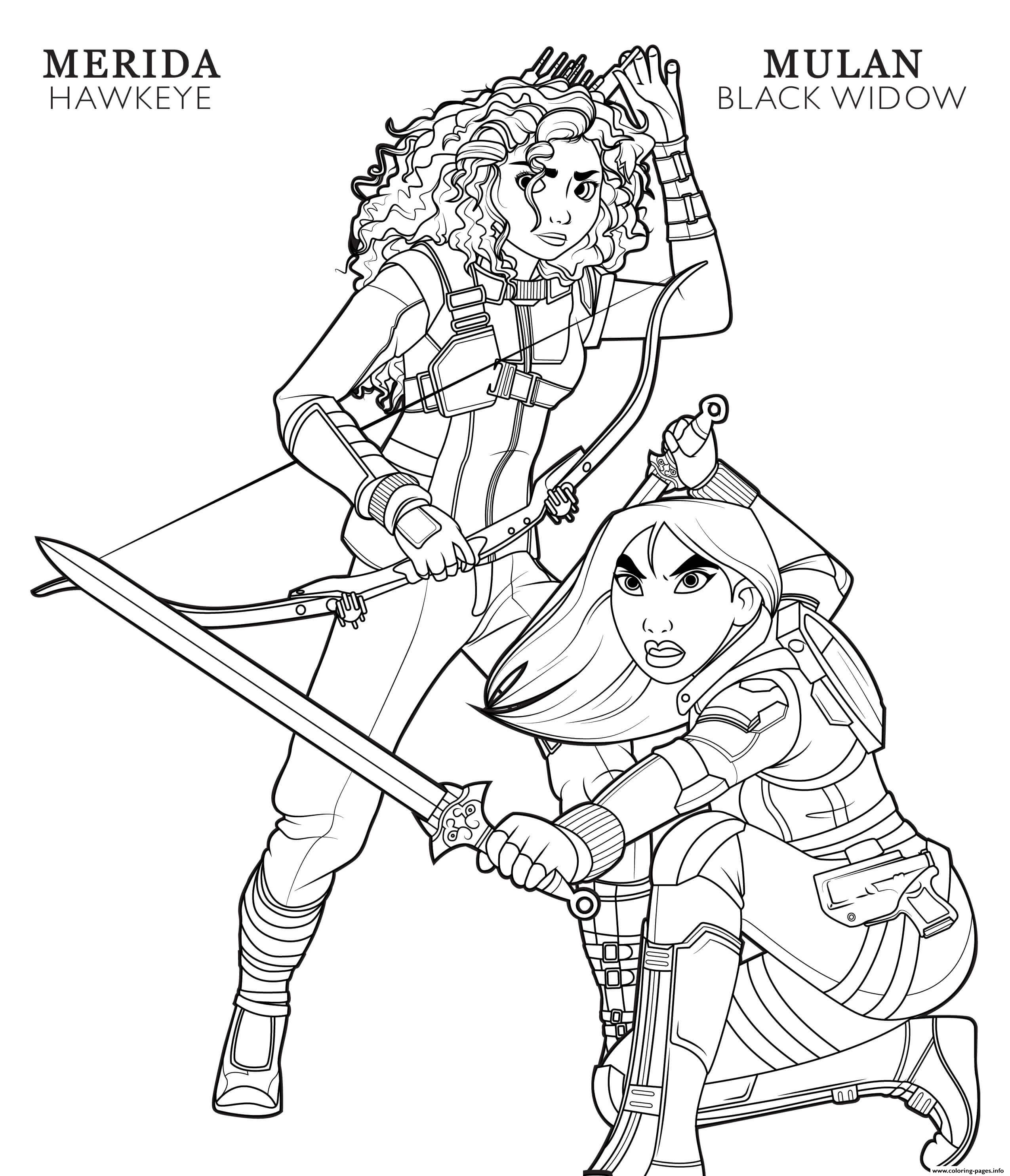 Hawkeye Merida And Black Widow Mulan Disney Avengers Coloring Pages Printable