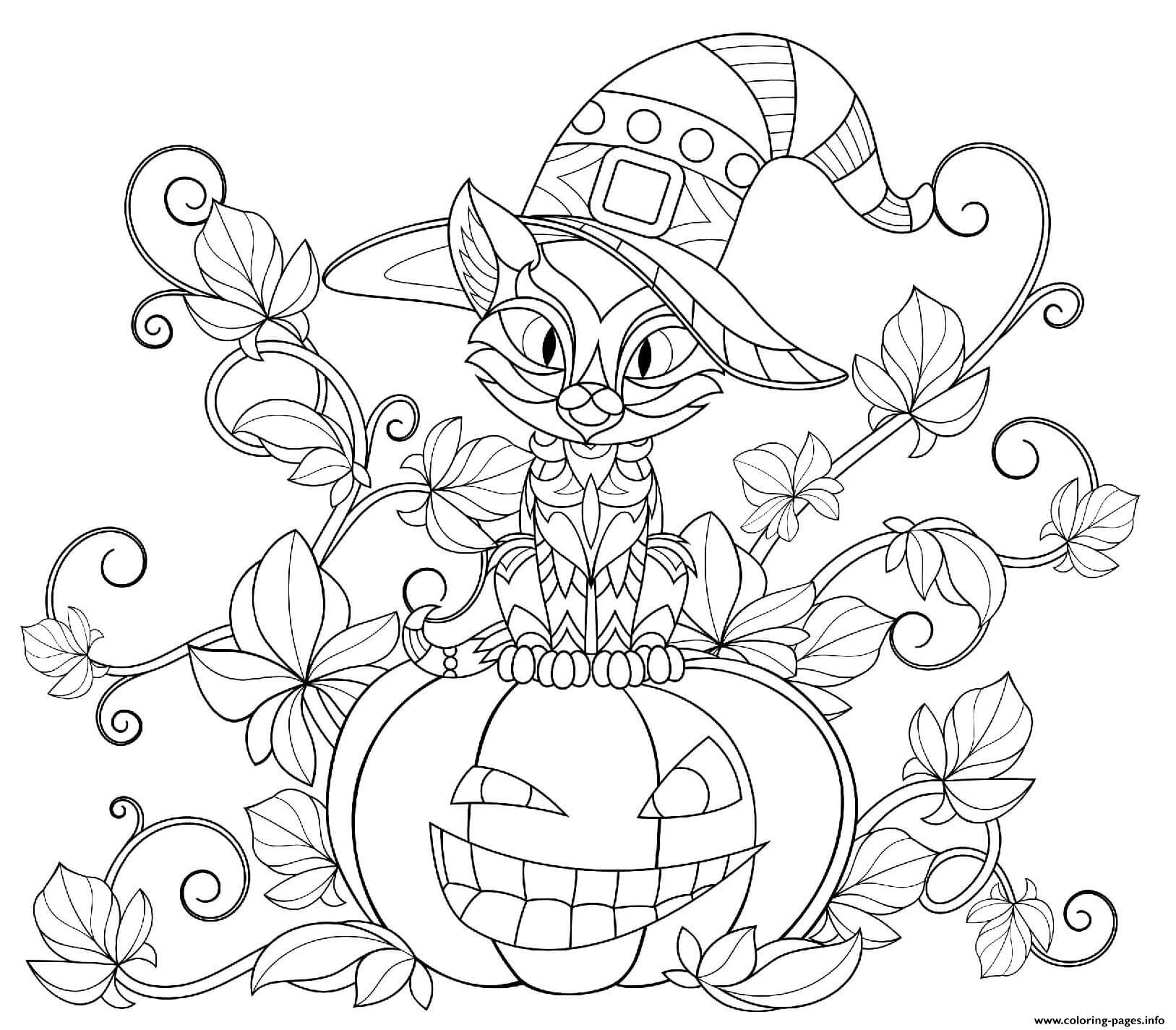 Halloween Pumpkin Vine Cat Hat Coloring Pages Printable