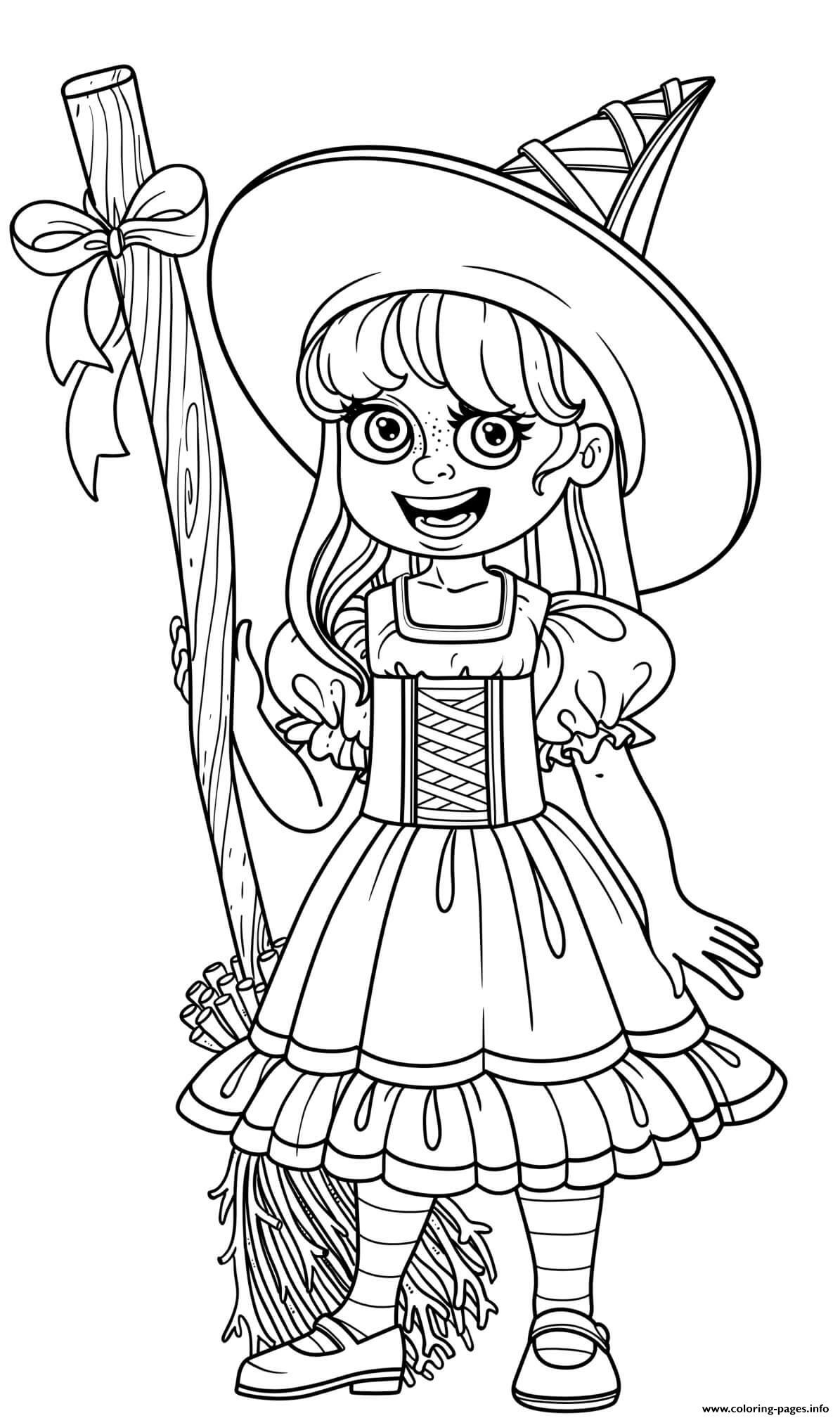 Coloriage d'une sorcière en costume de fille d'Halloween avec un balai