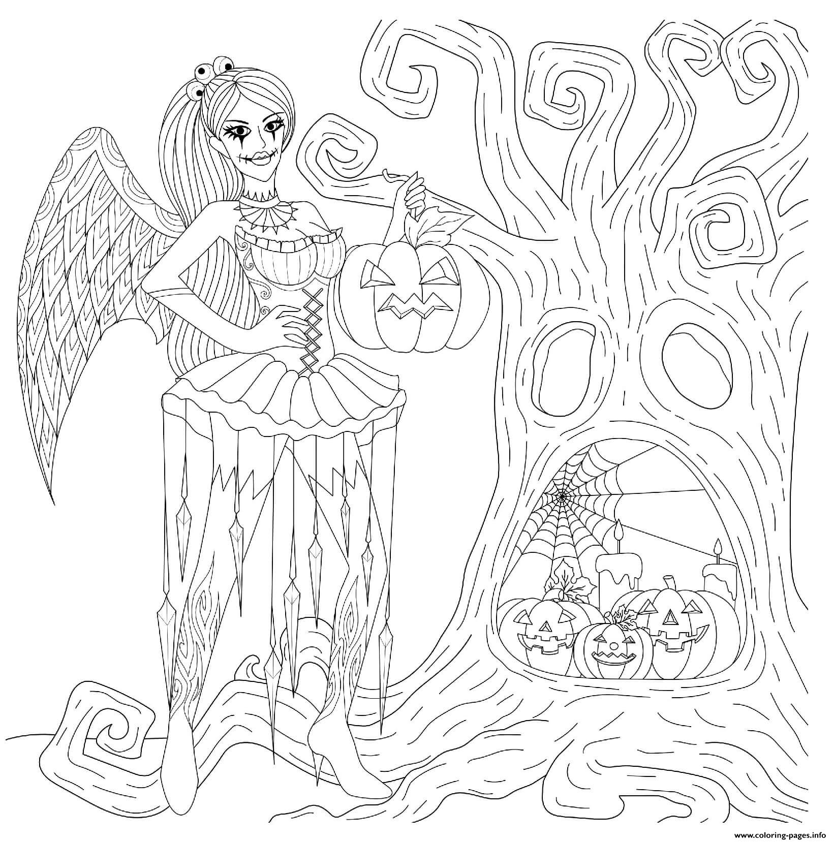 Halloween Goth Fairy Spooky Tree Pumpkins coloring