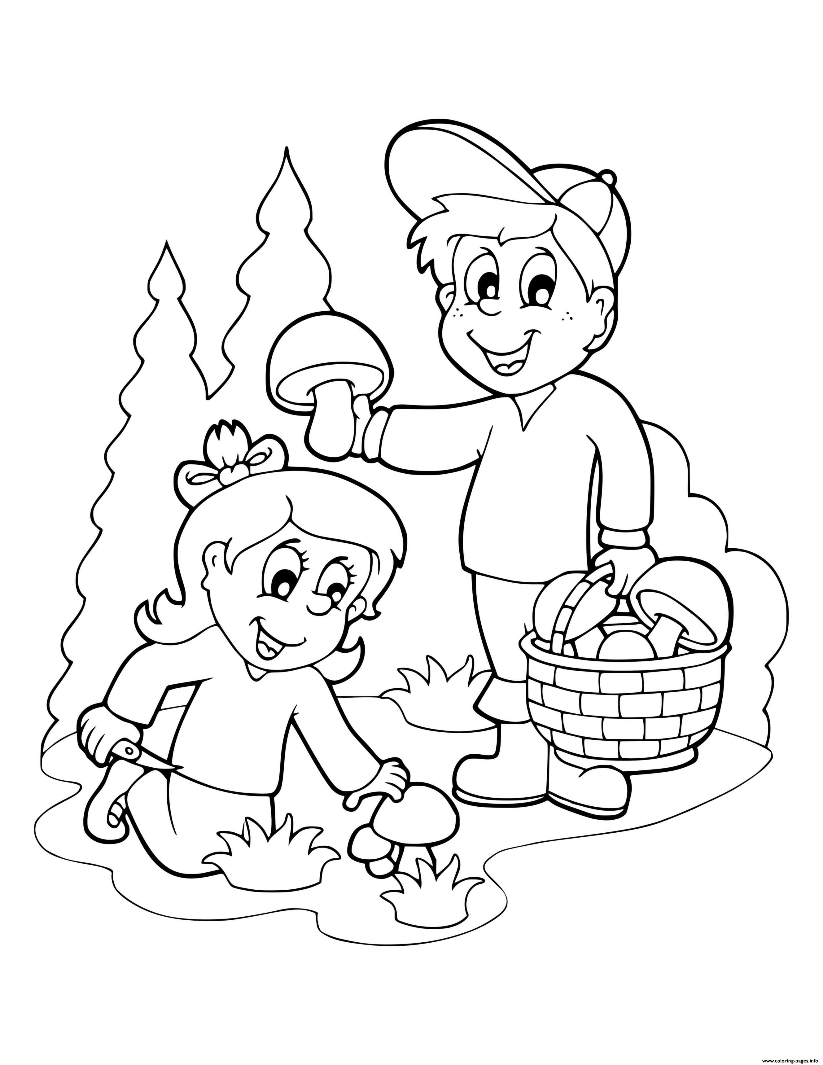 Fall Boy Girl Foraging For Mushrooms Coloring page Printable