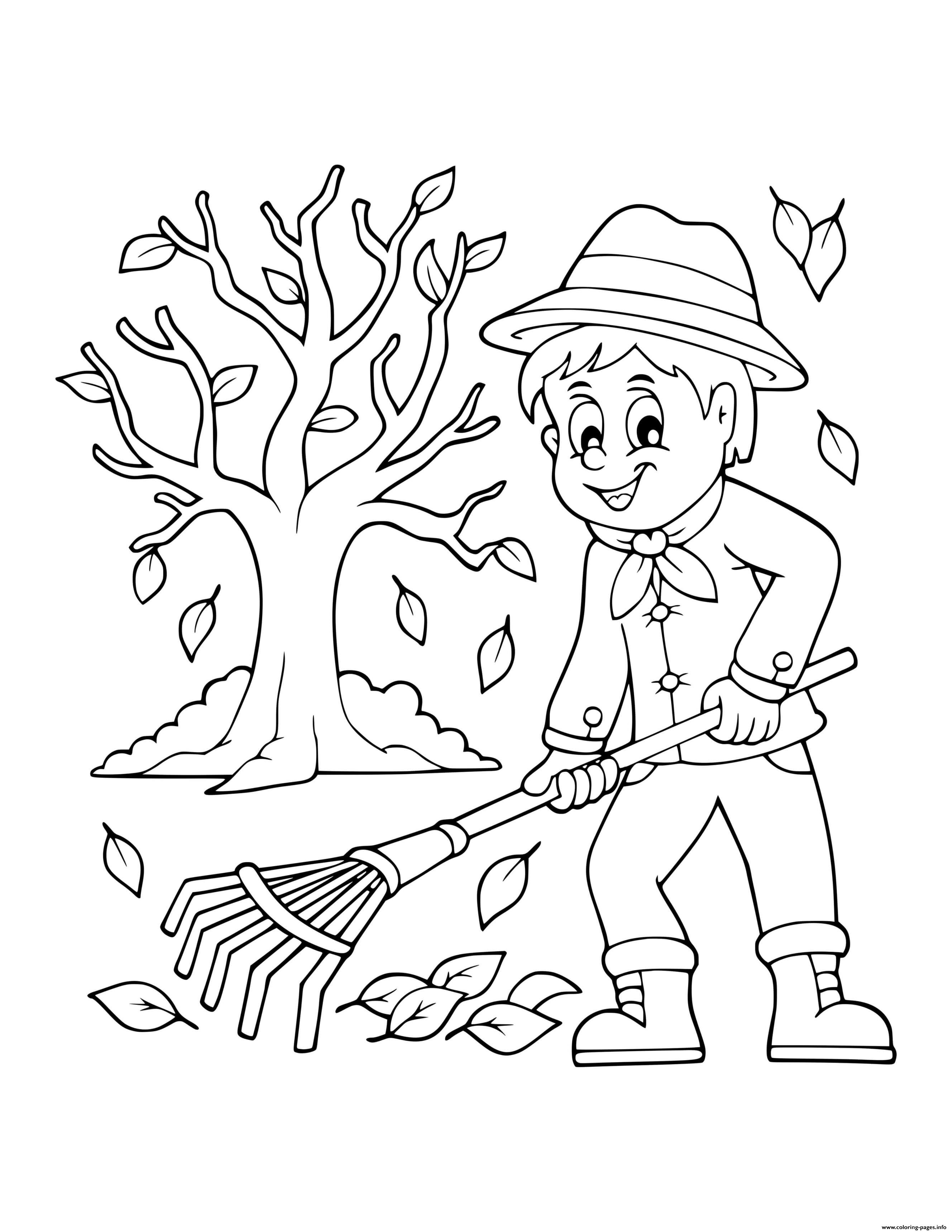 Fall Boy Raking Fallen Leaves Coloring page Printable