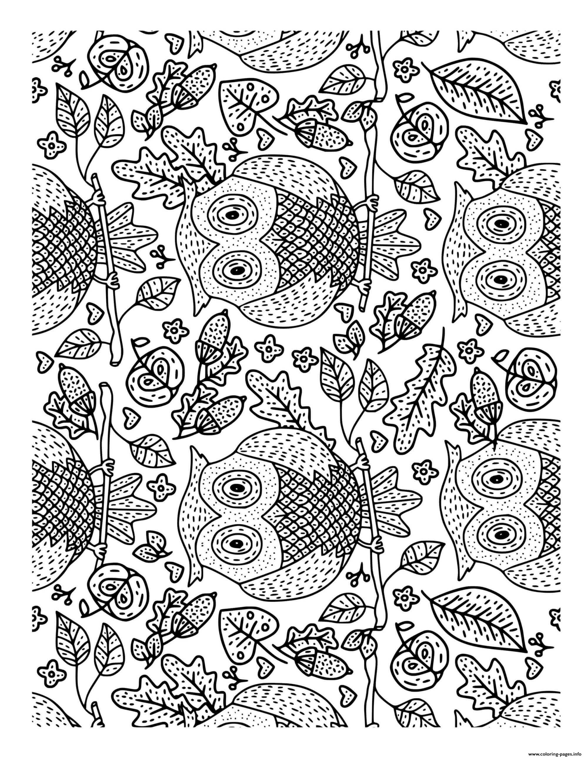 Fall Autumn Owls Doodle For Adults Coloring Pages Printable