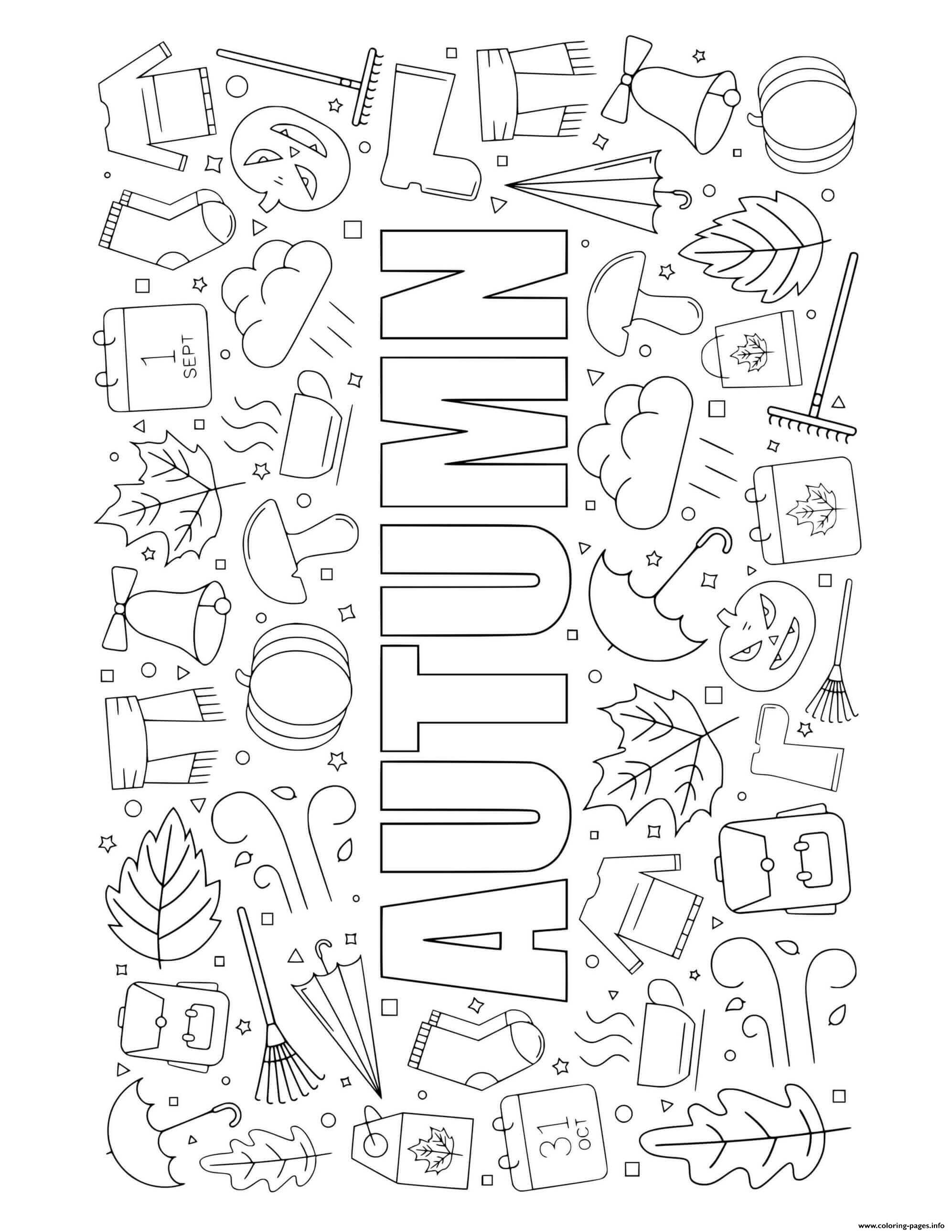 Fall Autumn Icons Collage Coloring page Printable