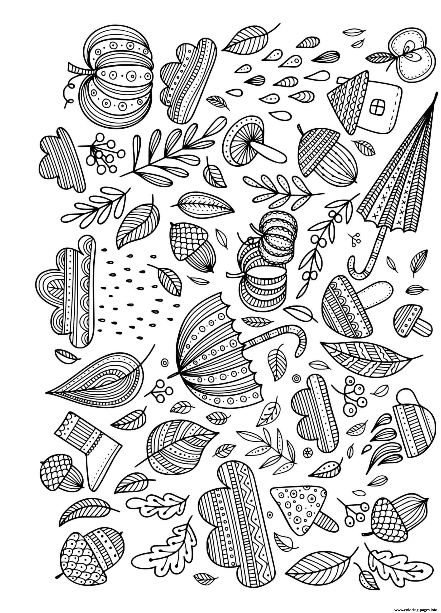 Fall Acorns Umbrellas Leaves Doodle For Adults Coloring Pages Printable
