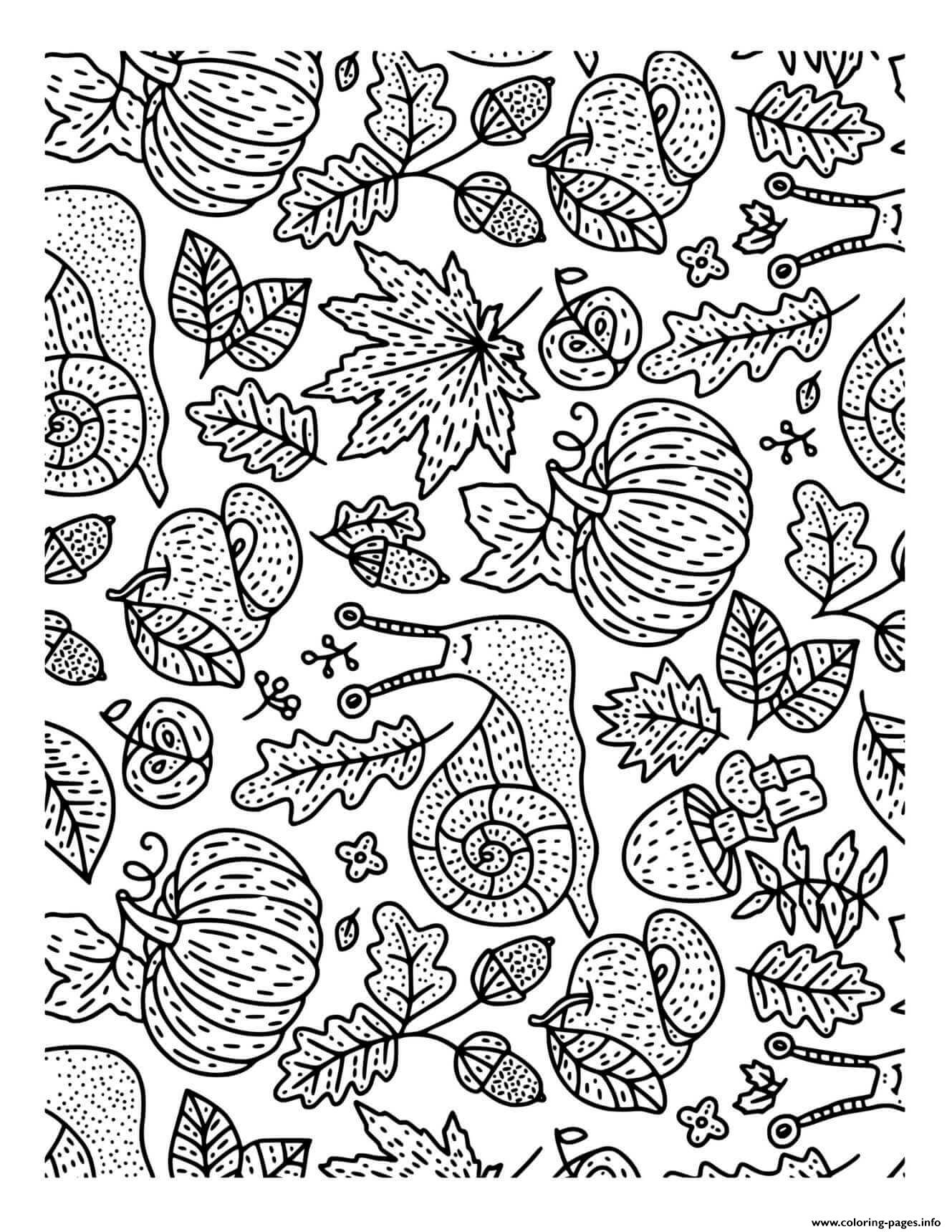 Fall Cute Fall Doodle Snail Leaves Mushrooms For Adults Coloring Pages