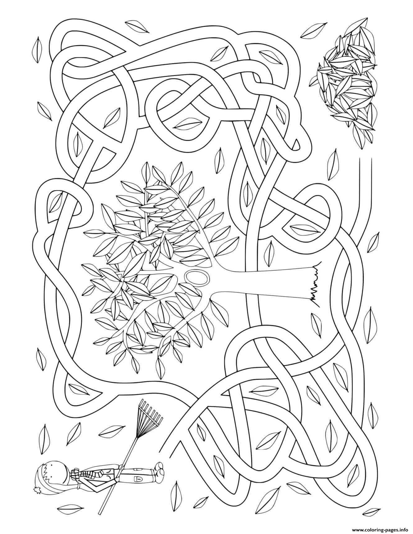 Fall Maze Activity Sheet Rake Leaves Coloring Pages Printable