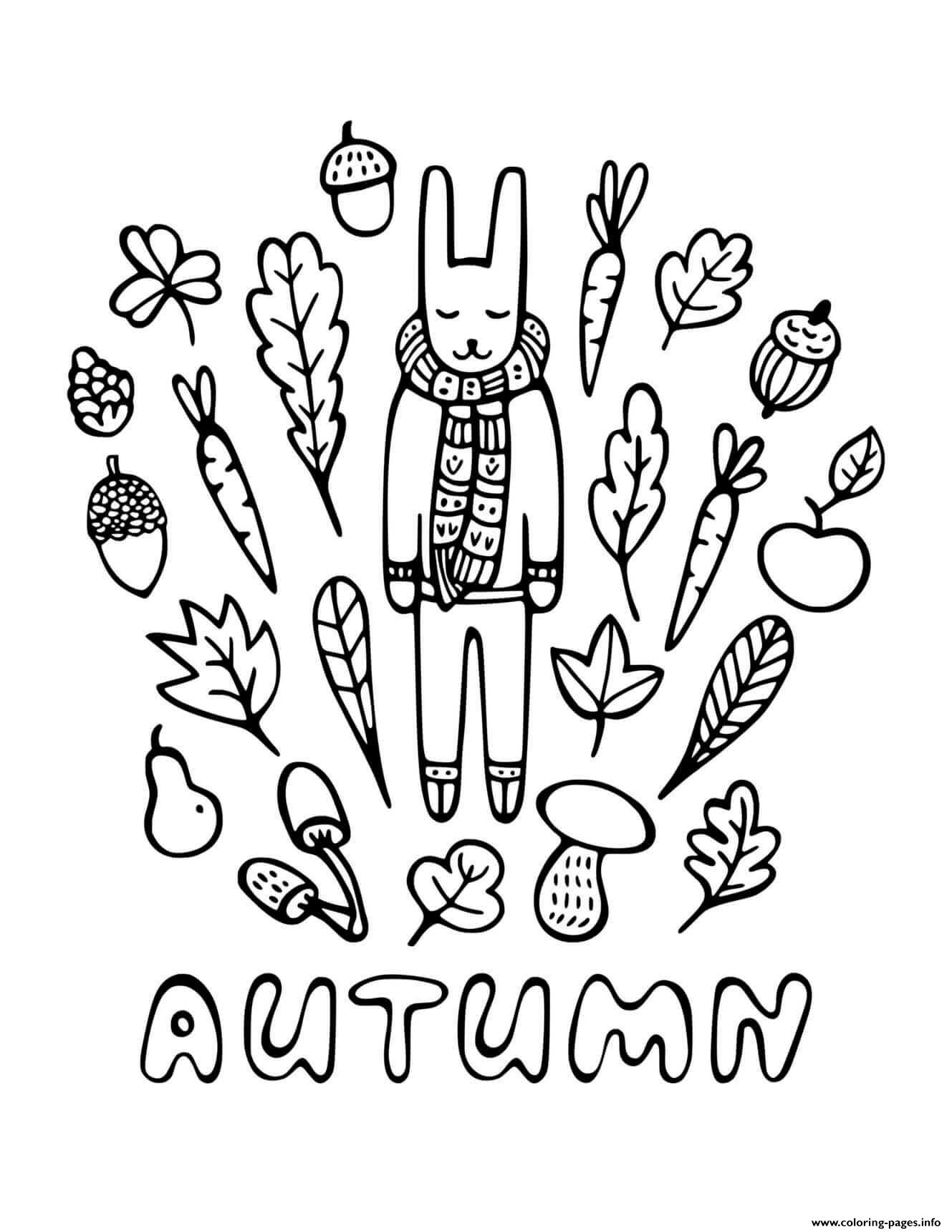 Fall Hello Autumn Rabbit In Scarf Coloring Pages Printable