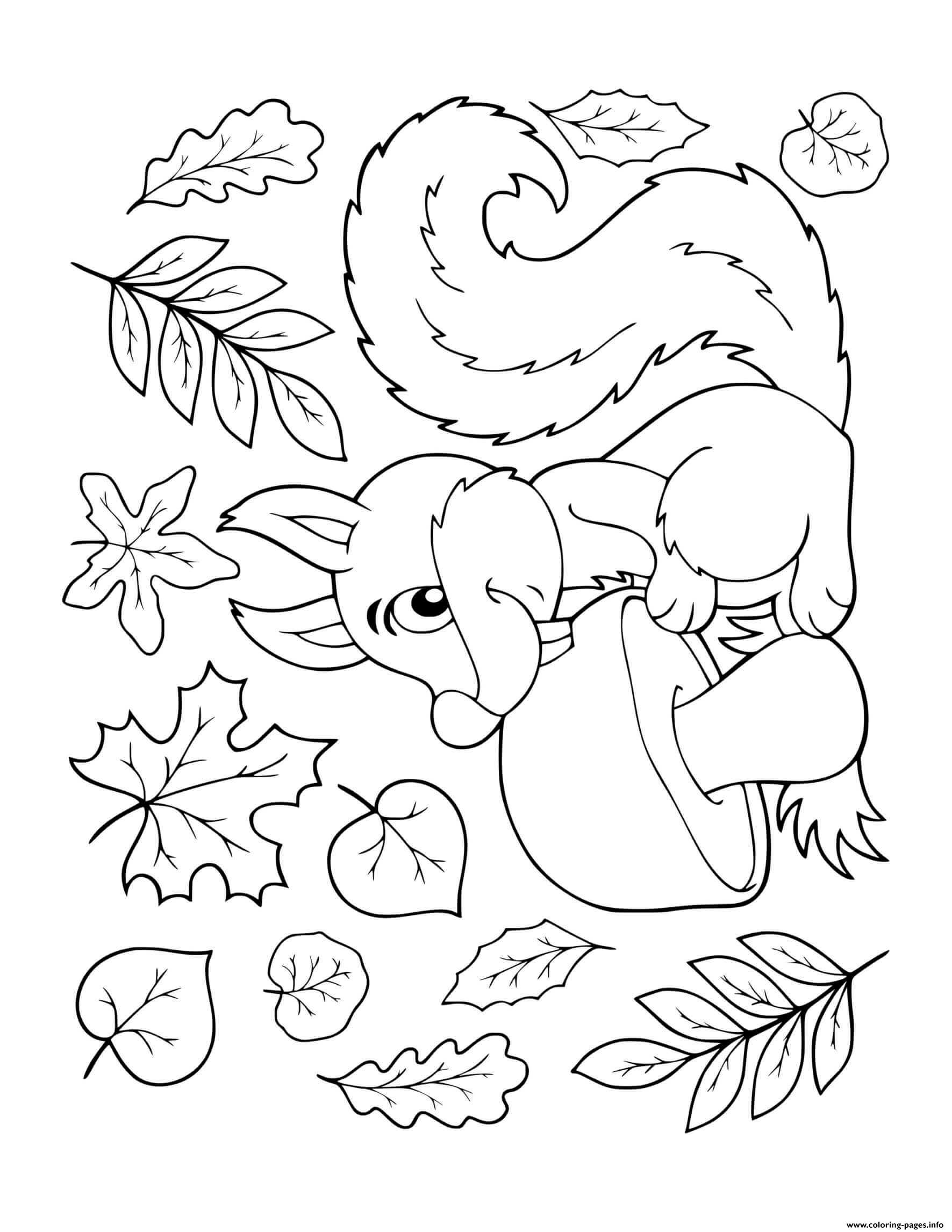 Fall Squirrel With Mushroom Falling Leaves Coloring Pages Printable